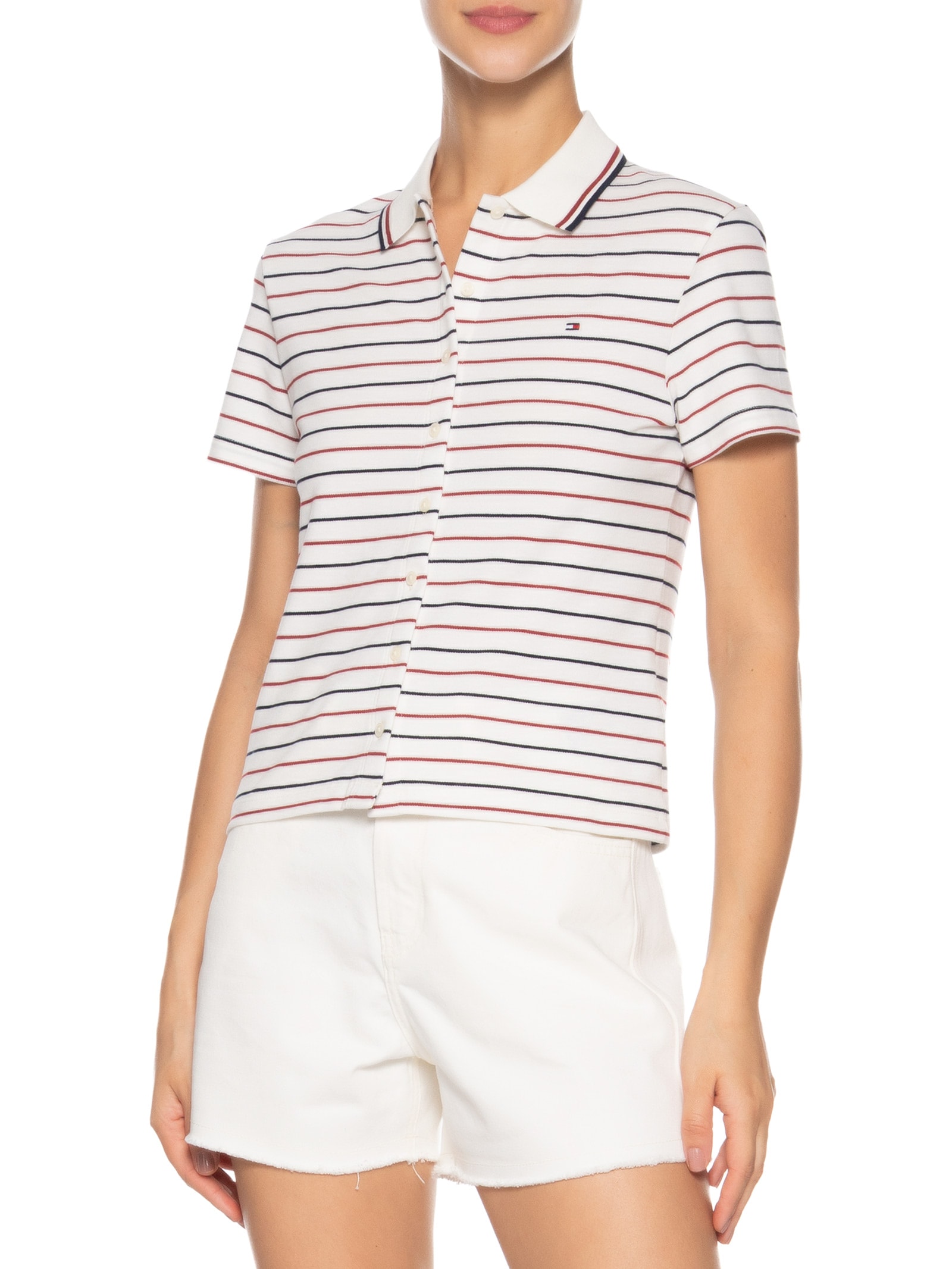 Polo Feminina Tipping Slim Button Down Branco Tommy Hilfiger
