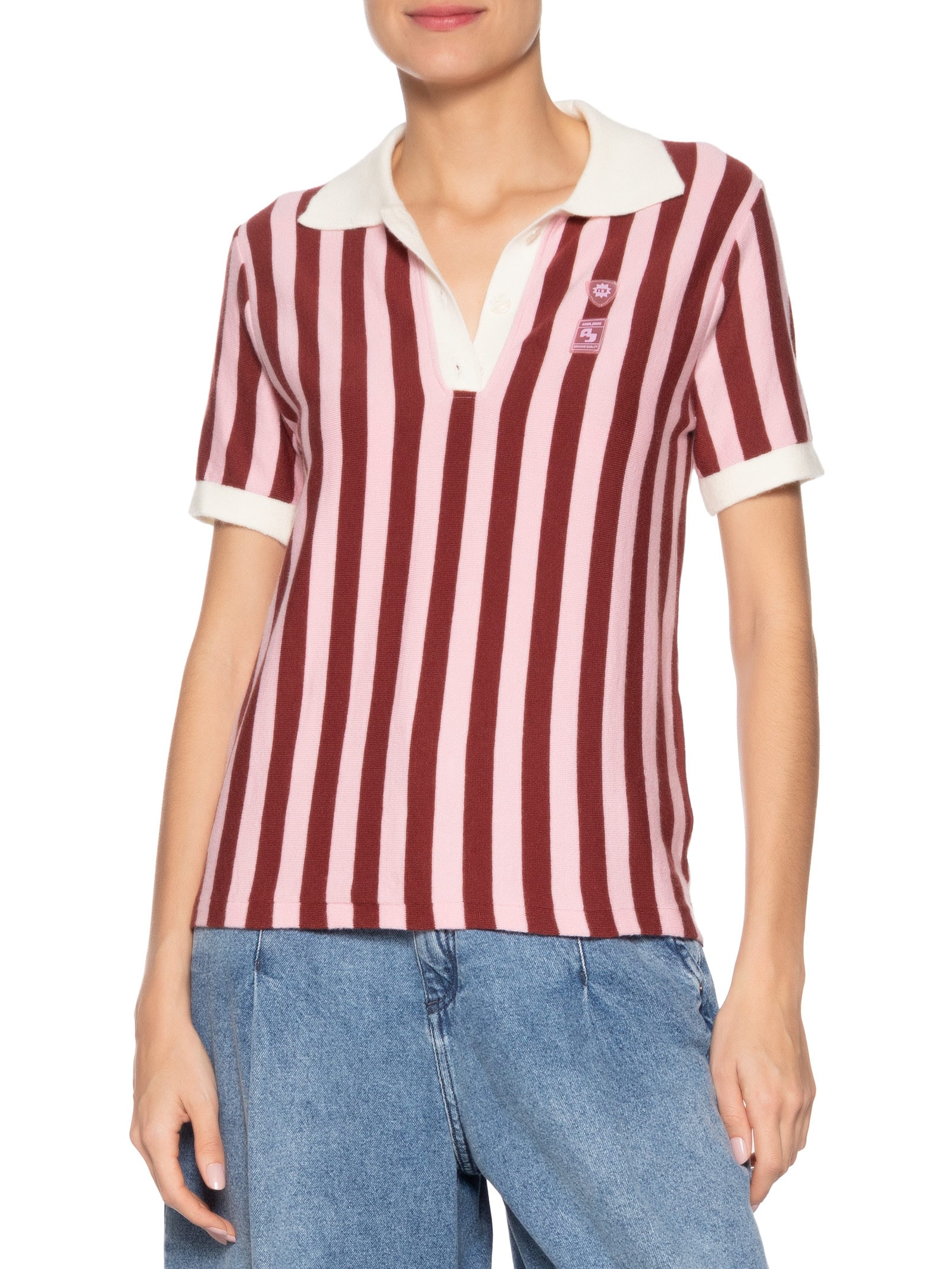 Polo Feminina Tricot Patch Rosa Animale Jeans