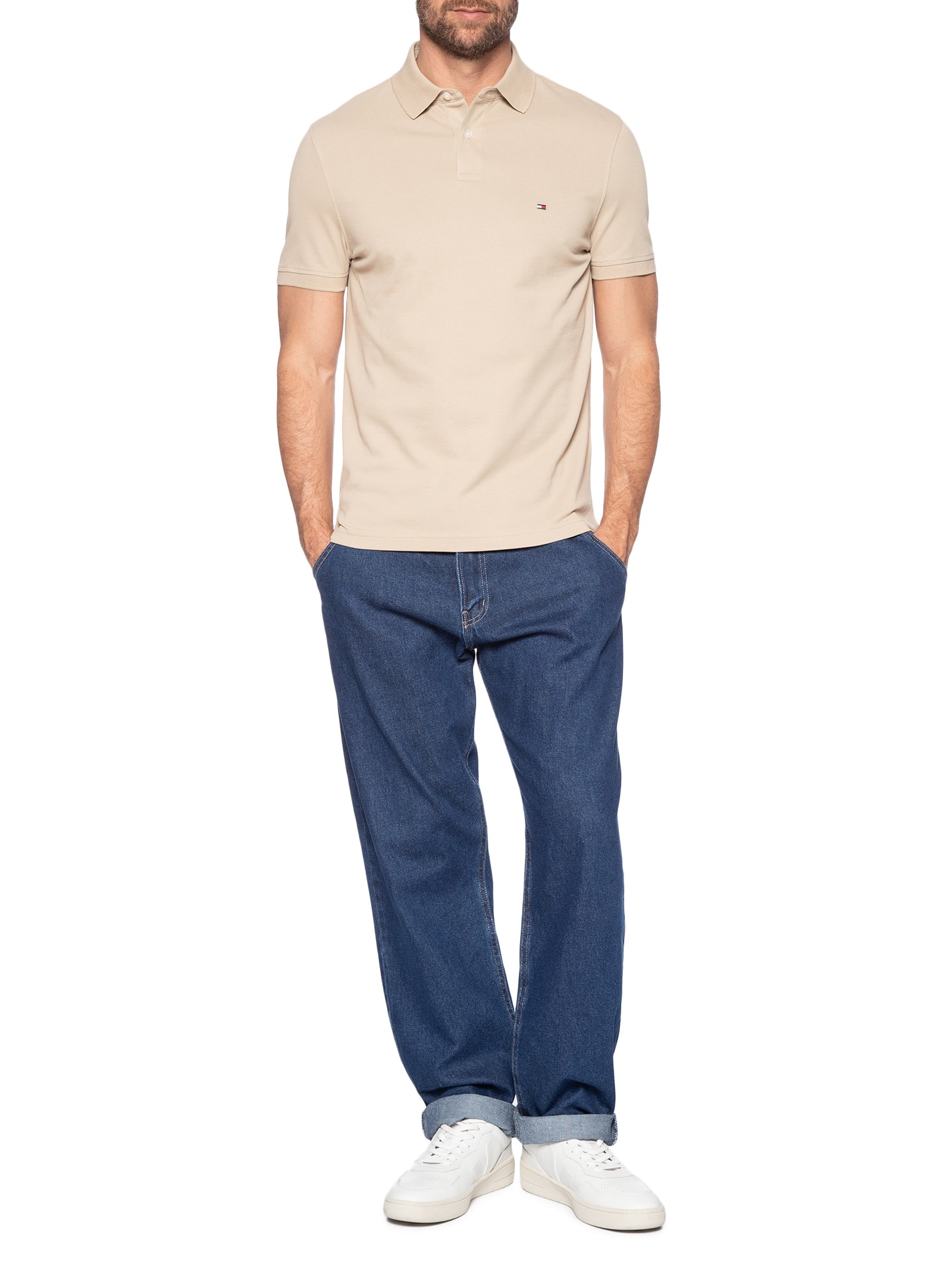 Polo Masculina 1985 Regular Fit Com Logo No Peito Bege Tommy Hilfiger
