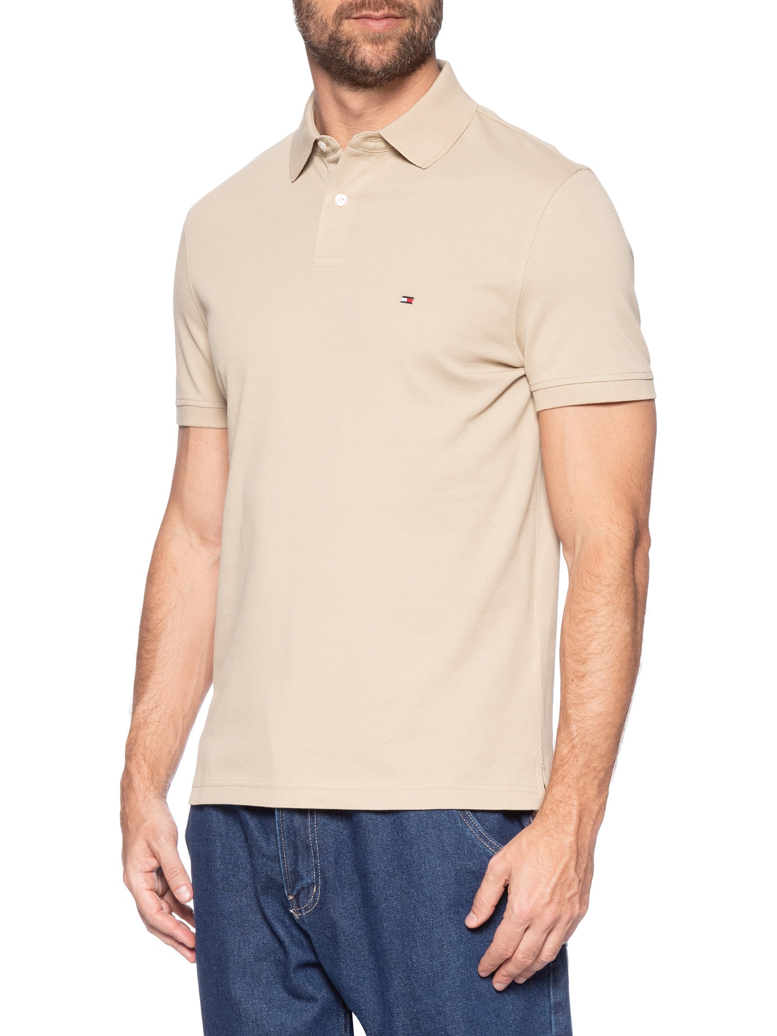 Polo Masculina 1985 Regular Fit Com Logo No Peito Bege Tommy Hilfiger