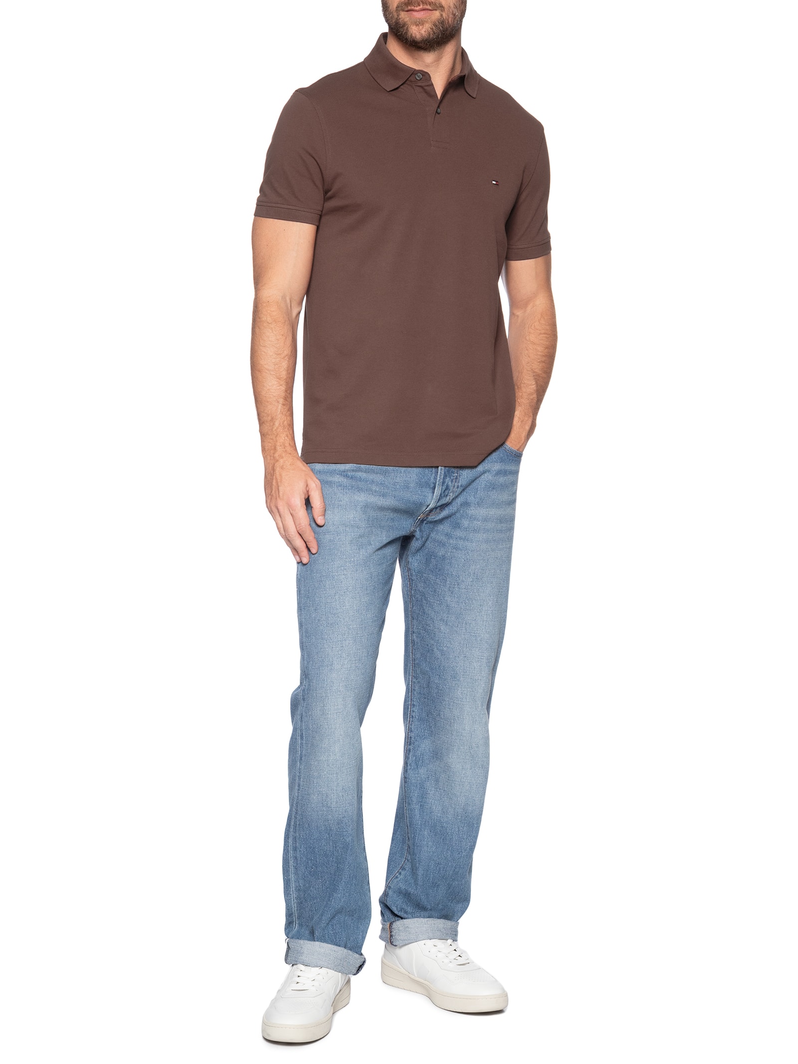 Polo Masculina 1985 Regular Fit Com Logo No Peito Branco Tommy Hilfiger