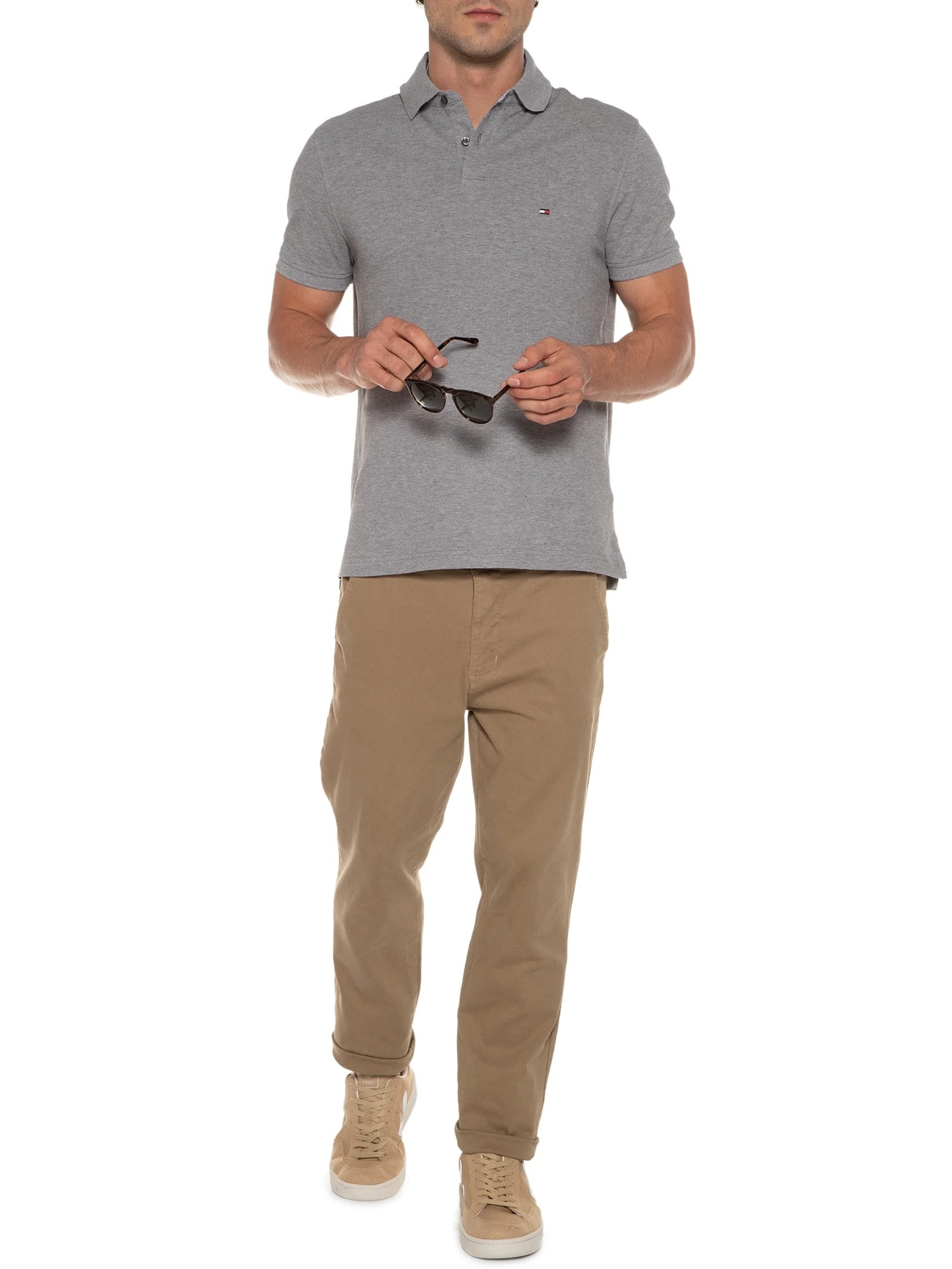 Polo Masculina 1985 Regular Fit Com Logo No Peito Cinza Tommy Hilfiger