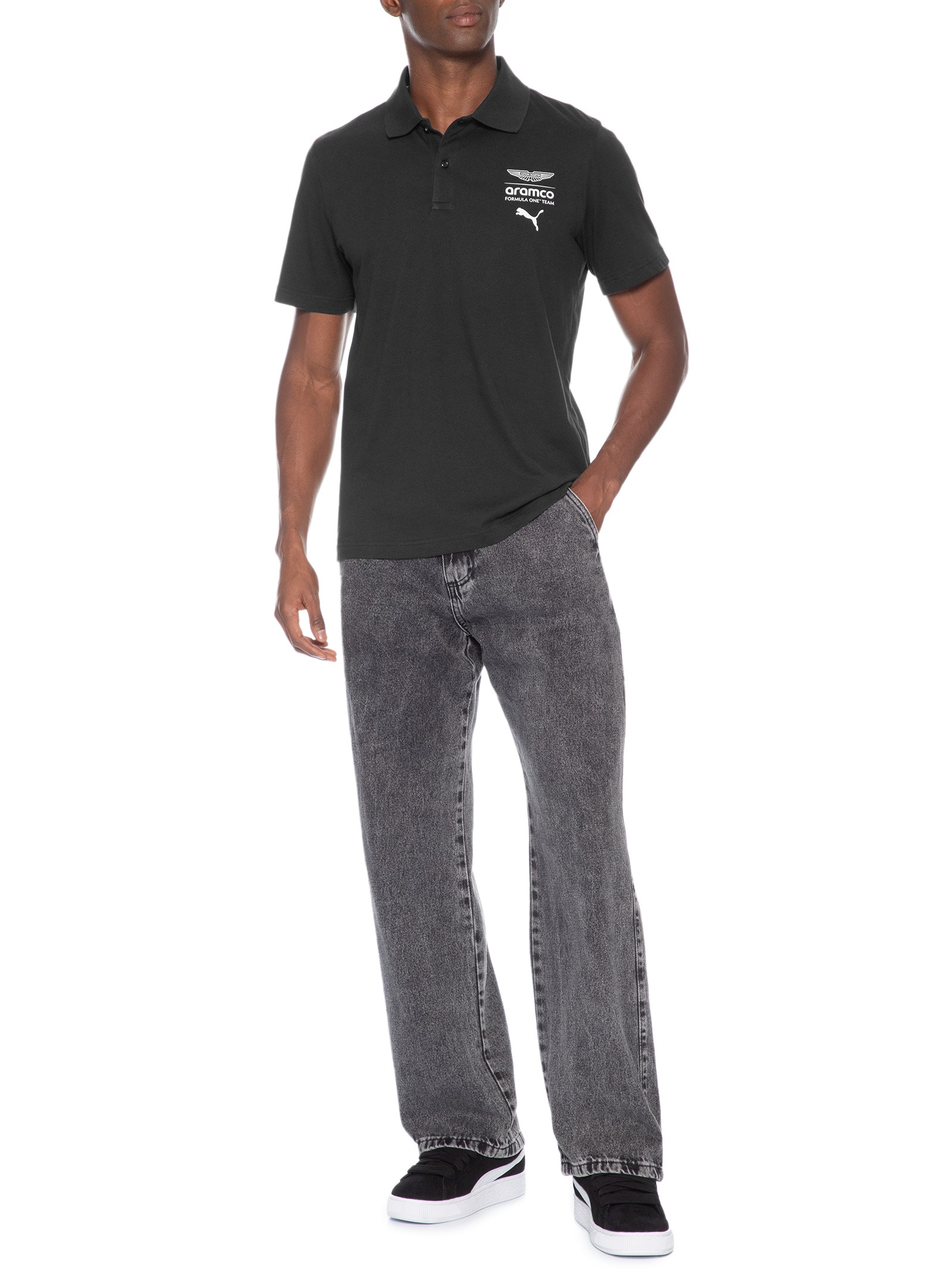 Polo Masculina AMF1 Essential Preto Puma + Aston Martin