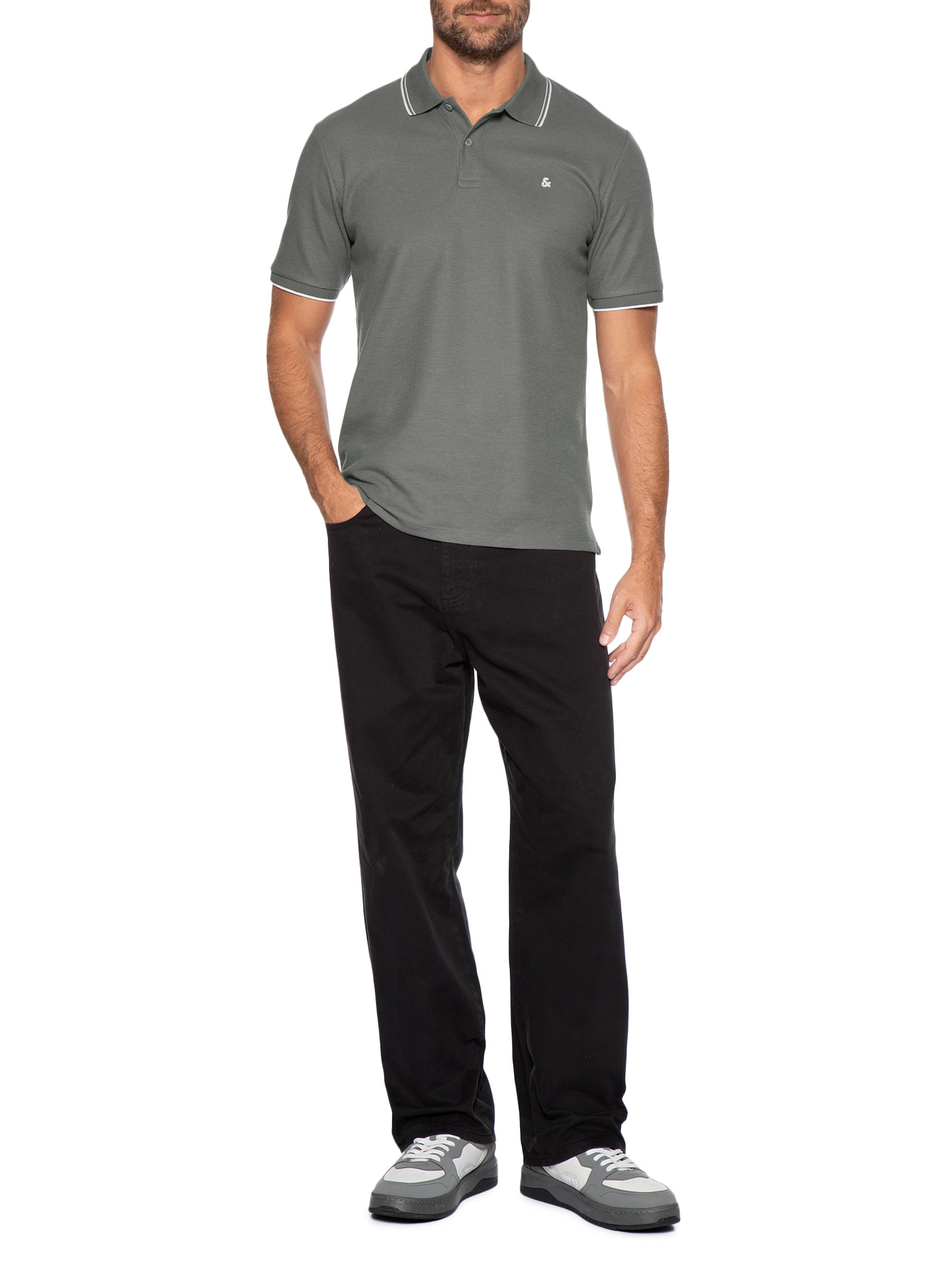 Polo Masculina Austin Com Friso Cinza Jack & Jones