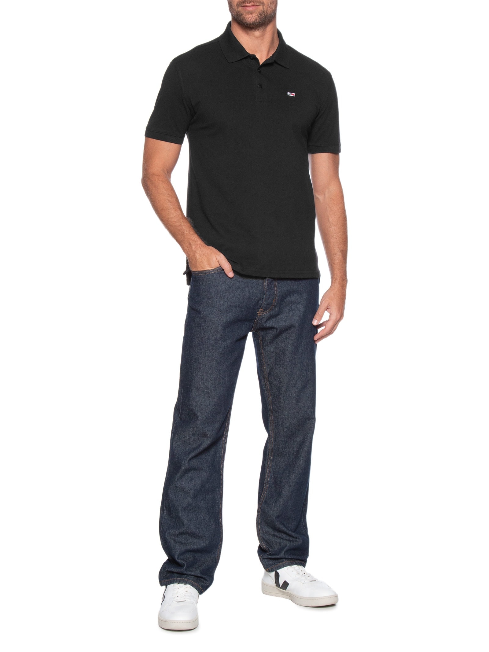 Polo Masculina Bandeira Bordada Original Fit Em Piquet De Algodão Preto Tommy Jeans