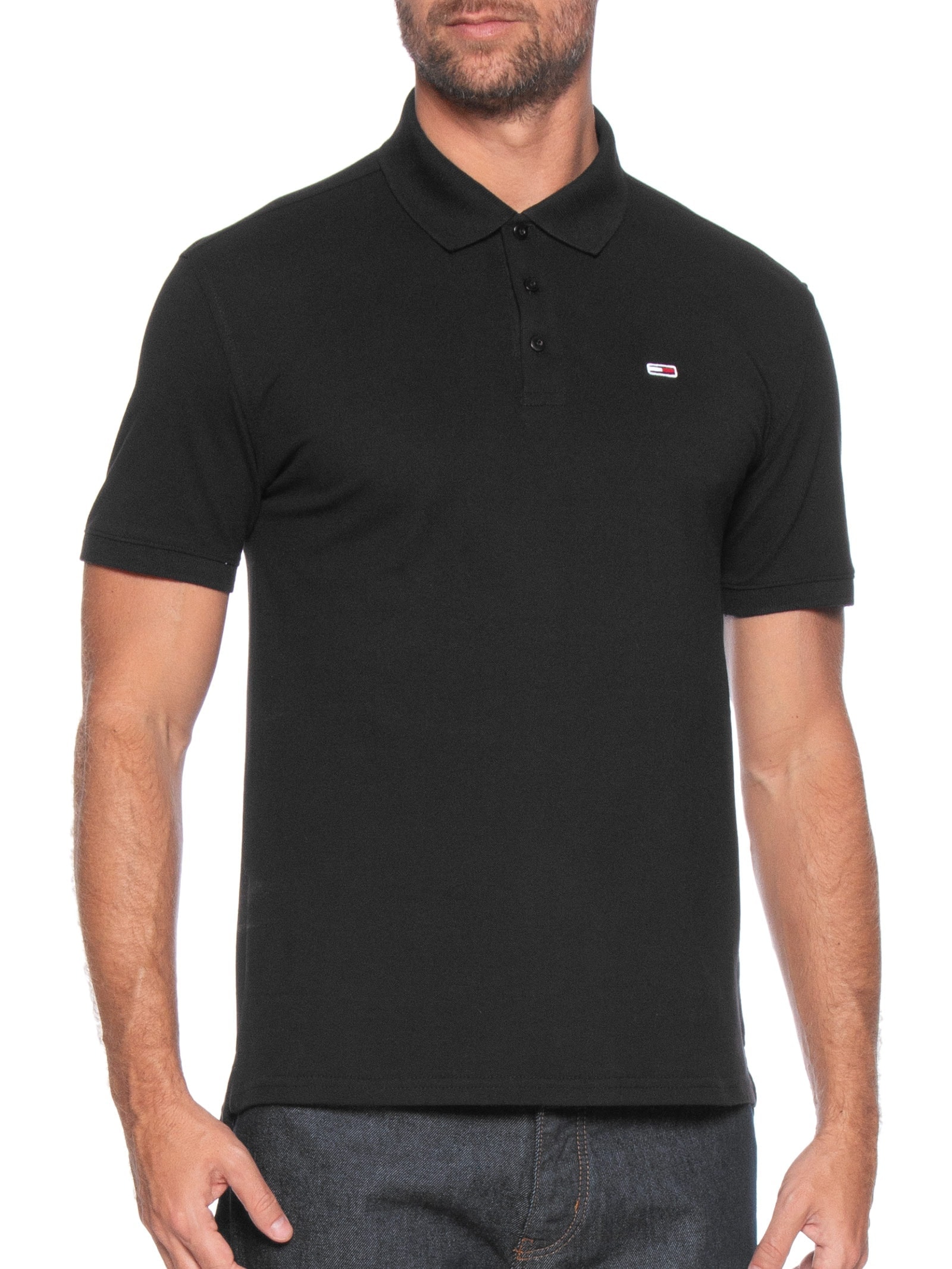 Polo Masculina Bandeira Bordada Original Fit Em Piquet De Algodão Preto Tommy Jeans