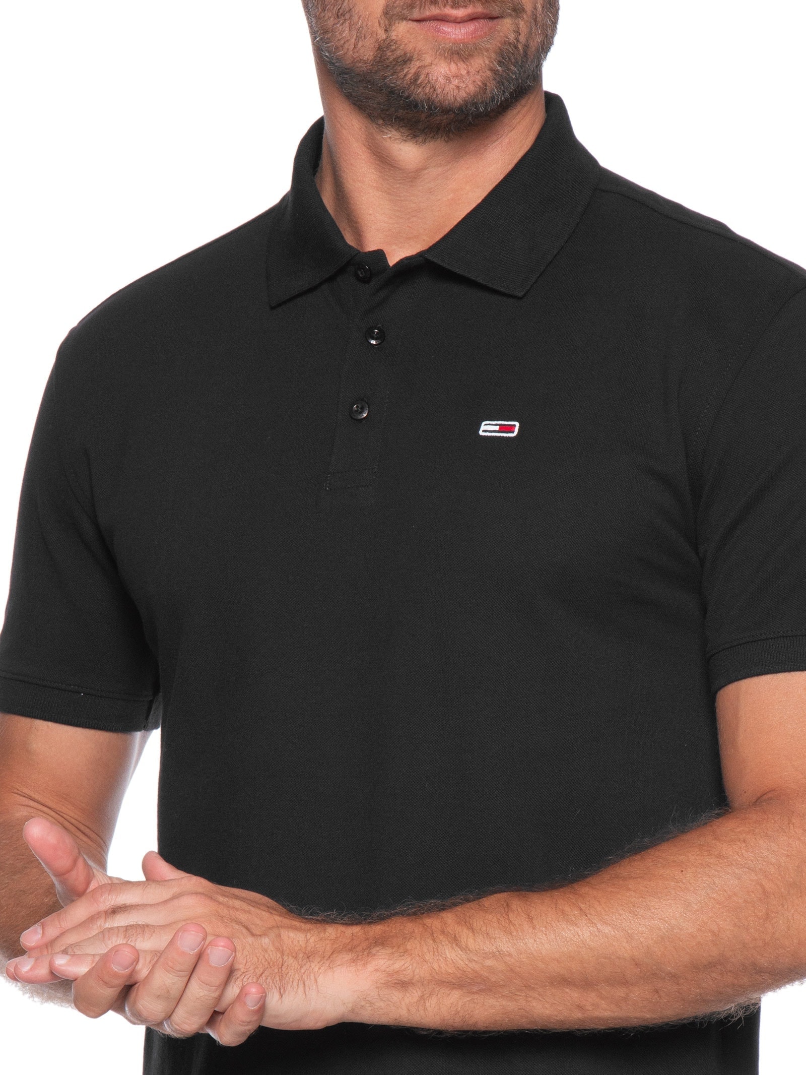 Polo Masculina Bandeira Bordada Original Fit Em Piquet De Algodão Preto Tommy Jeans