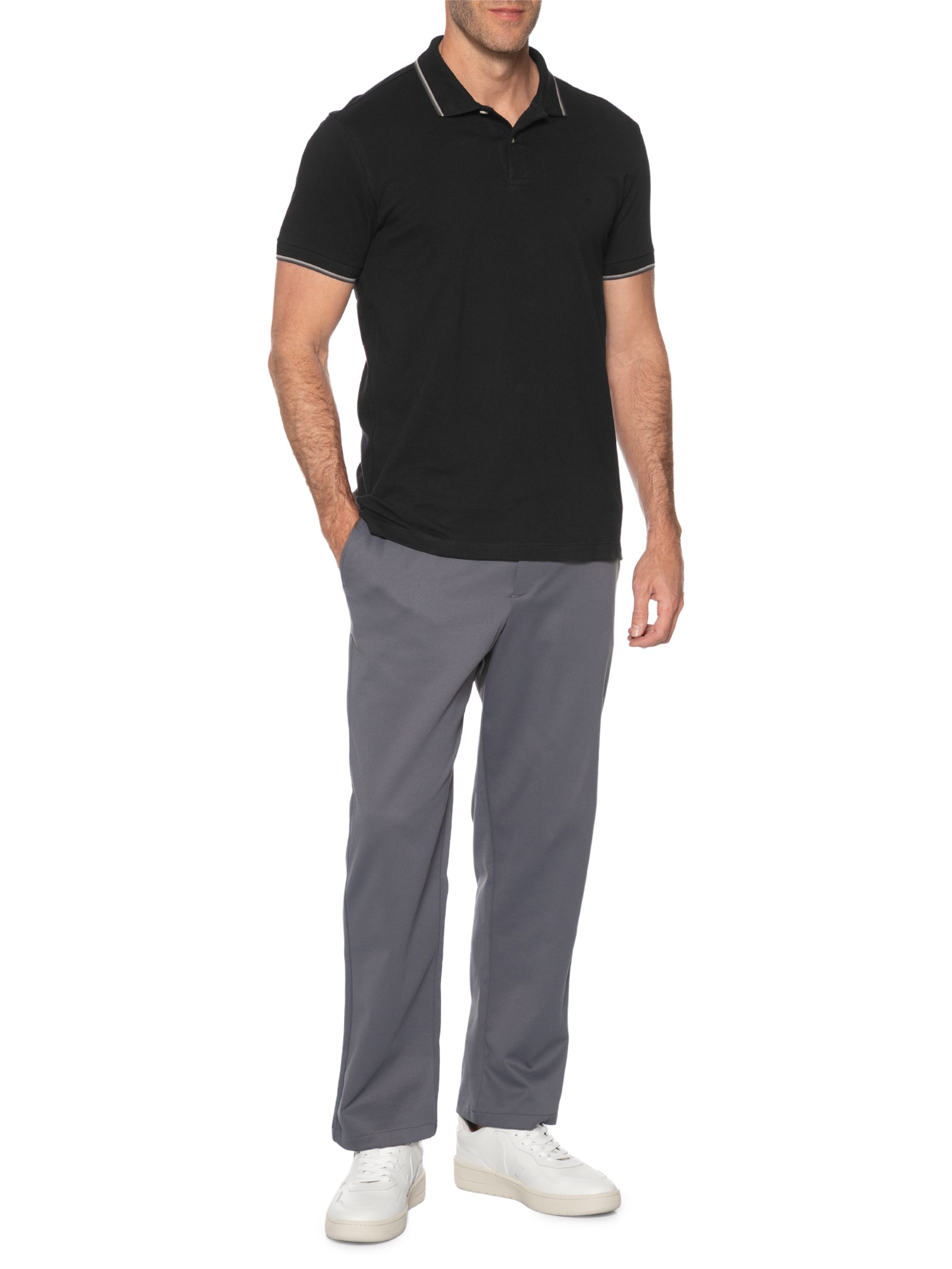 Polo Masculina Básica 4 Frisos Em Algodão Preto Aramis