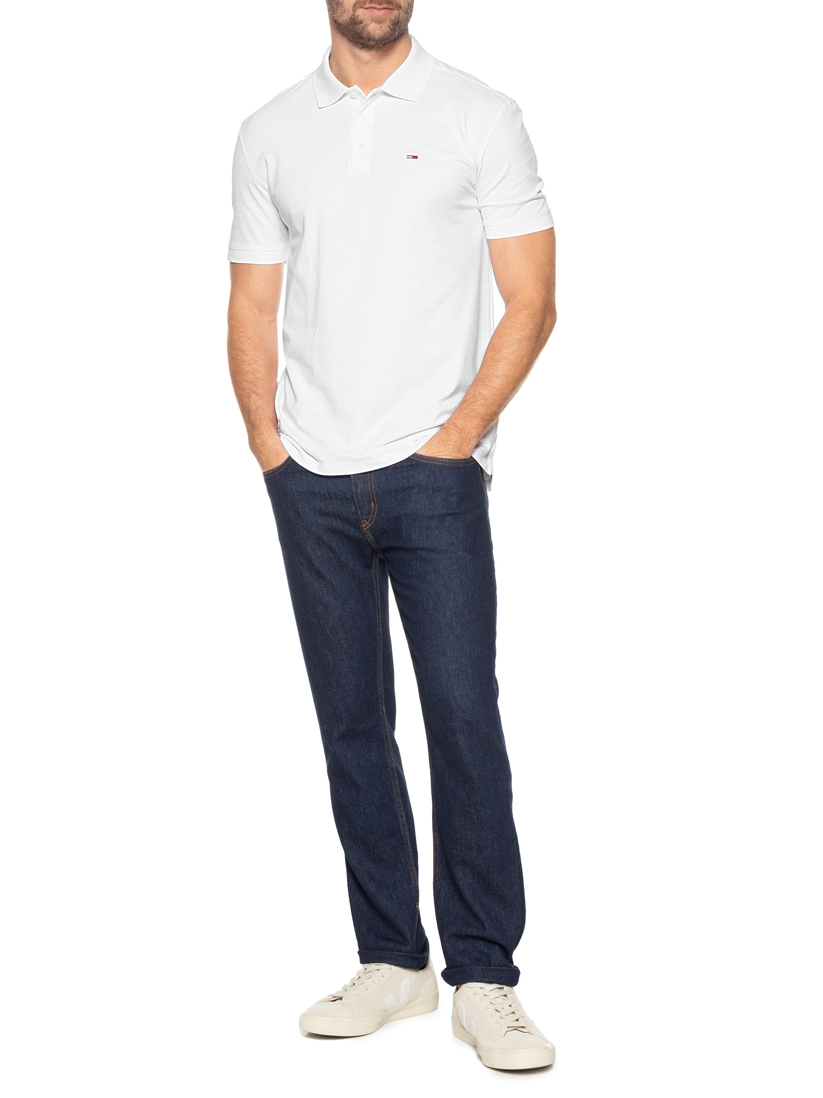 Polo Masculina Básica Bandeira Bordada Original Fit Em Piquet De Algodão Branco  Tommy Jeans
