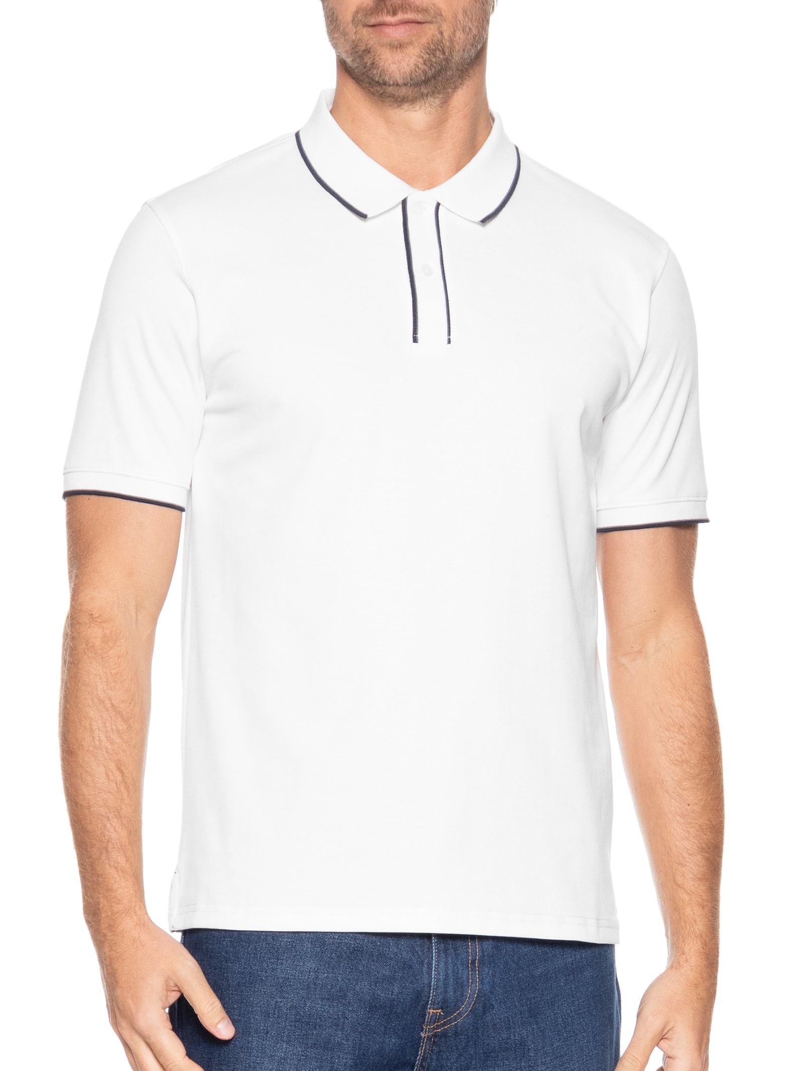 Polo Masculina Básica Com Detalhes Em Friso Branco Basiq Men