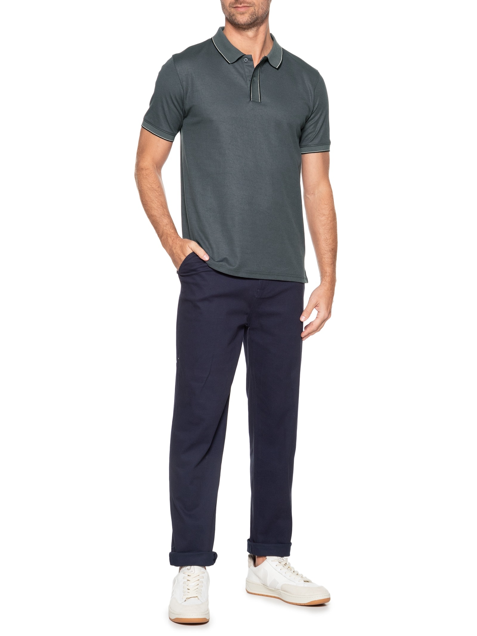 Polo Masculina Básica Com Detalhes Em Friso Cinza Basiq Men