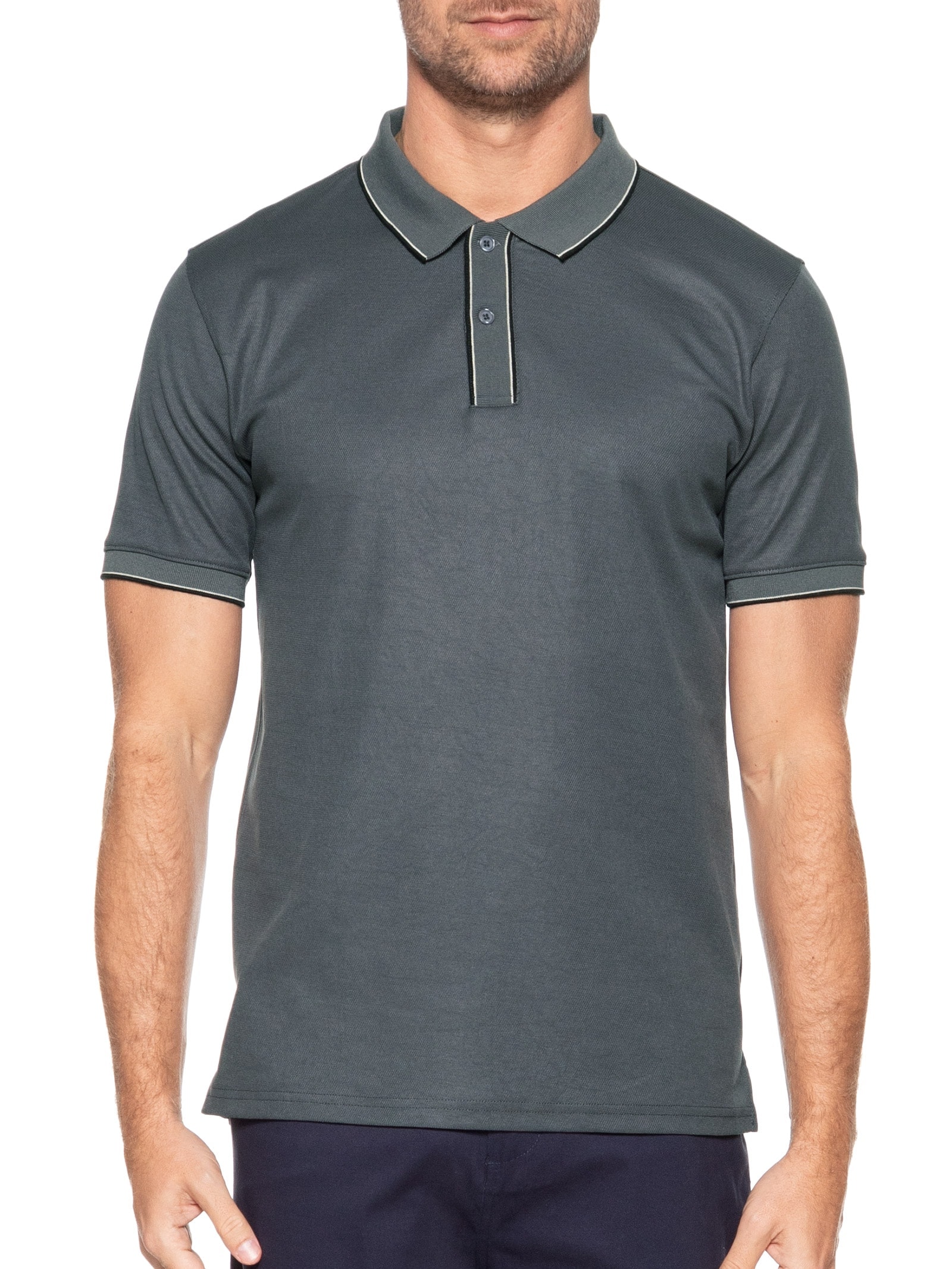 Polo Masculina Básica Com Detalhes Em Friso Cinza Basiq Men