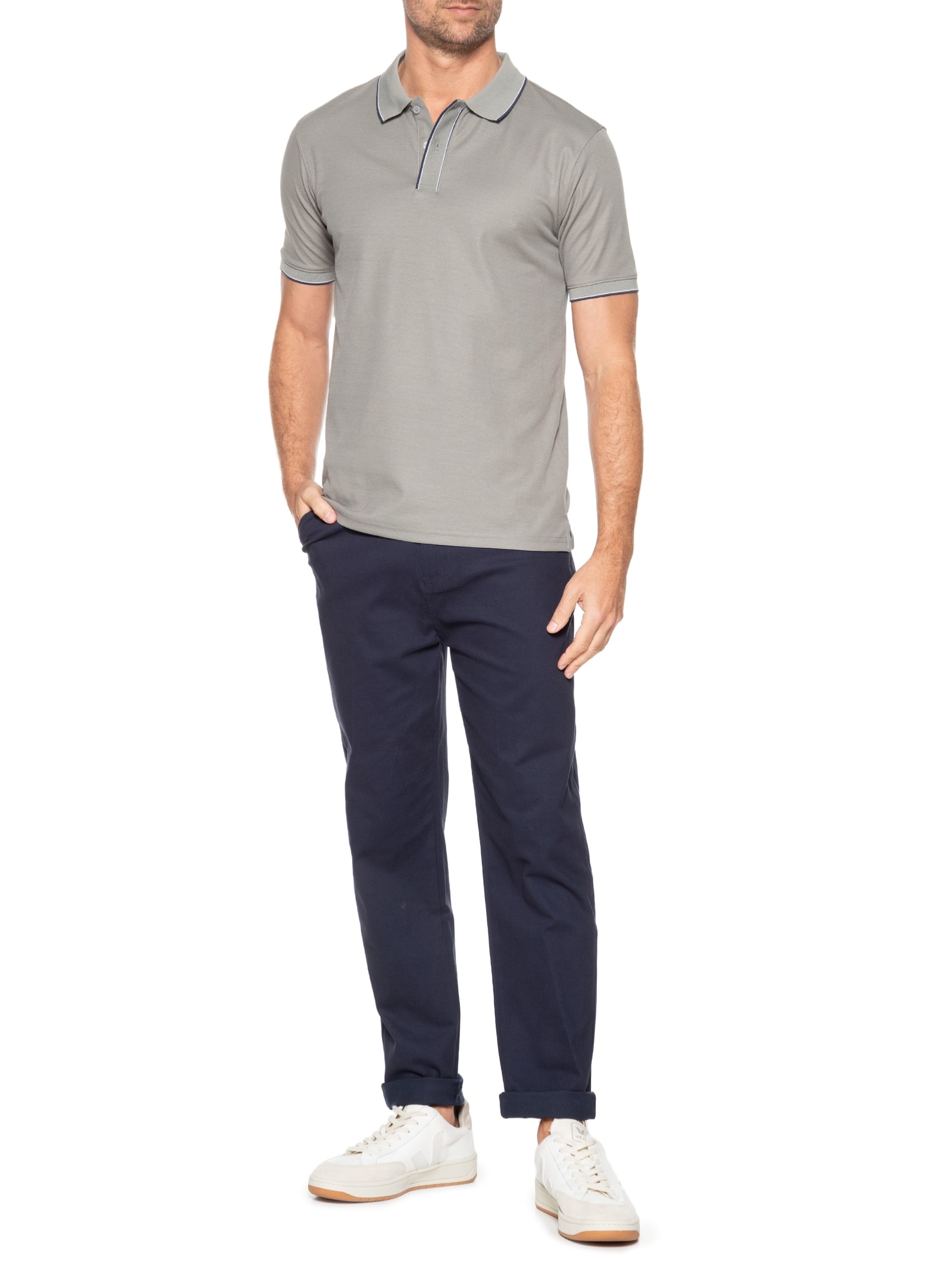 Polo Masculina Básica Com Detalhes Em Friso Verde Basiq Men