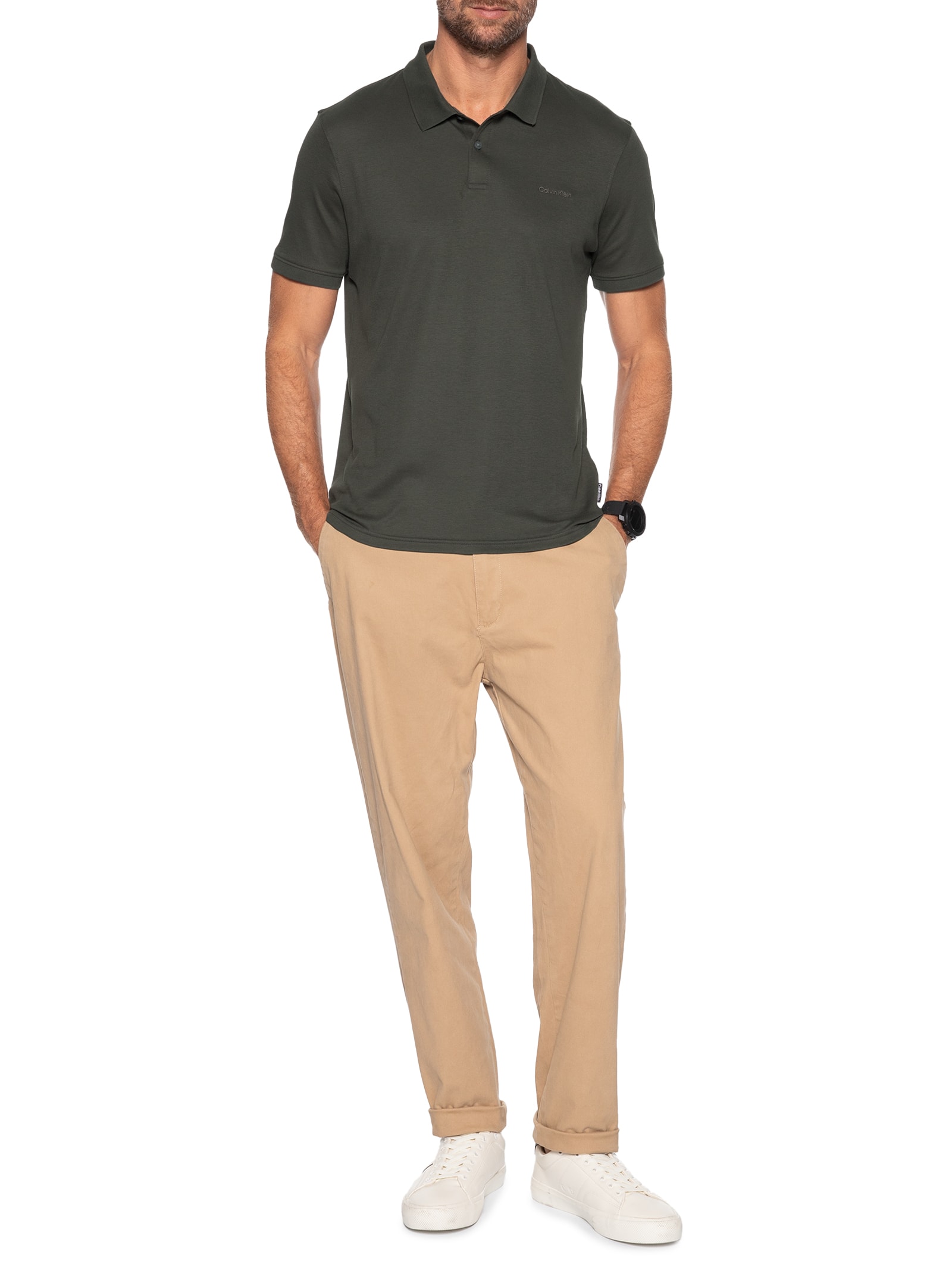 Polo Masculina Básica Interlock Liquid Touch Cinza Calvin Klein