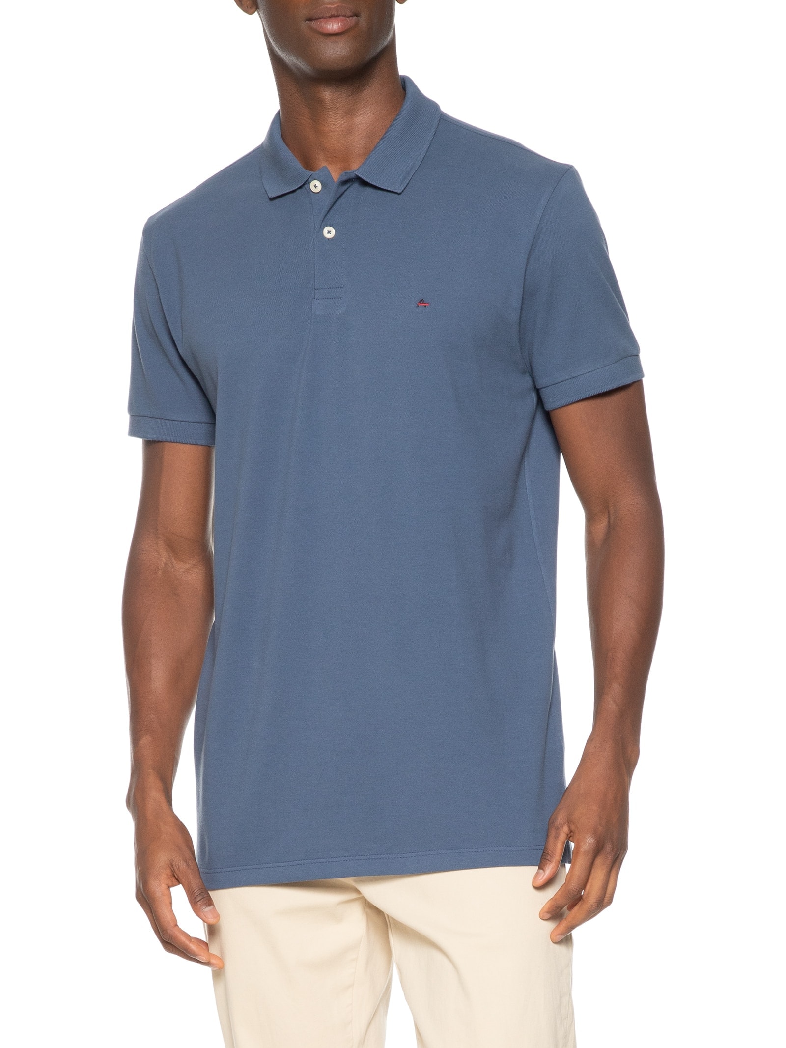 Polo Masculina Básica Regular Fit em Piquet Azul Aramis