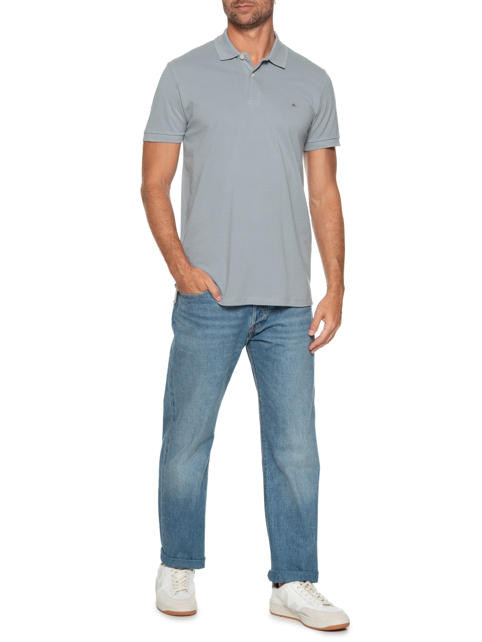 Polo Masculina Básica Regular Fit em Piquet Cinza Aramis