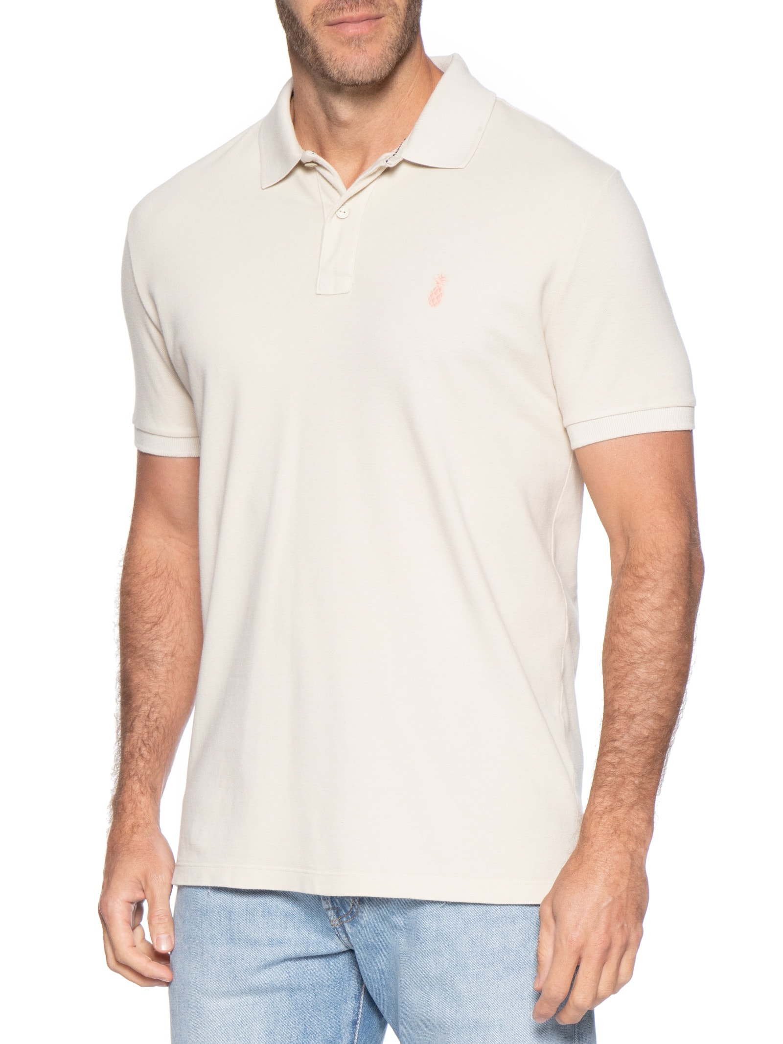 Polo Masculina Básica Summer Em Piquet De Algodão Bege Pineapple
