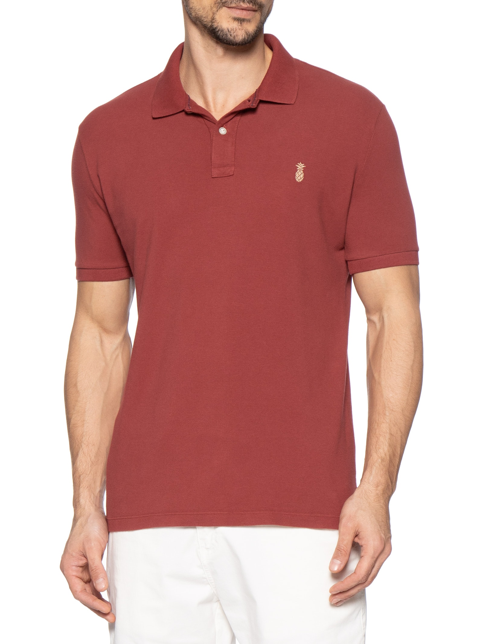 Polo Masculina Básica Summer em Piquet de Algodão Vermelho Pineapple