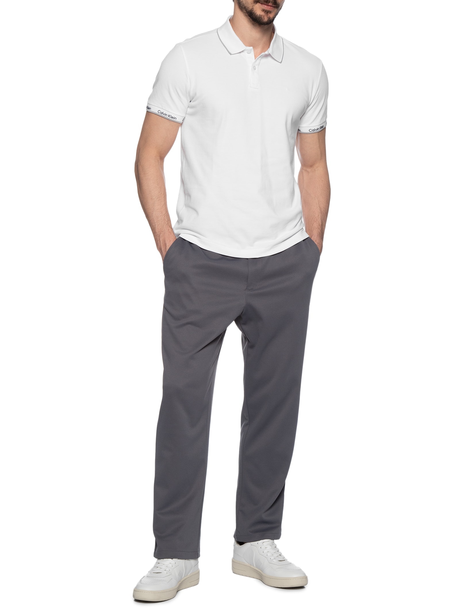 Polo Masculina Ck Logo Punho Branco Calvin Klein - White Label