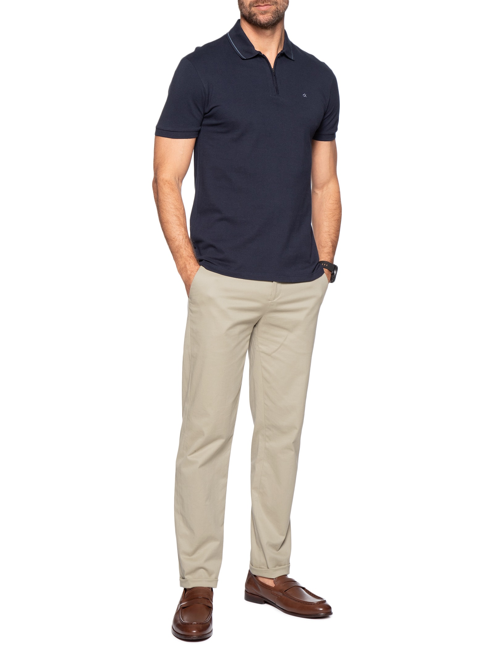 Polo Masculina CK Slim Fit Com Zíper Azul Calvin Klein
