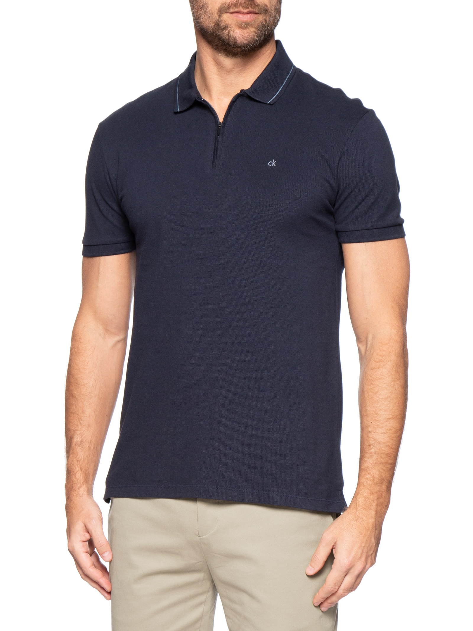 Polo Masculina CK Slim Fit Com Zíper Azul Calvin Klein