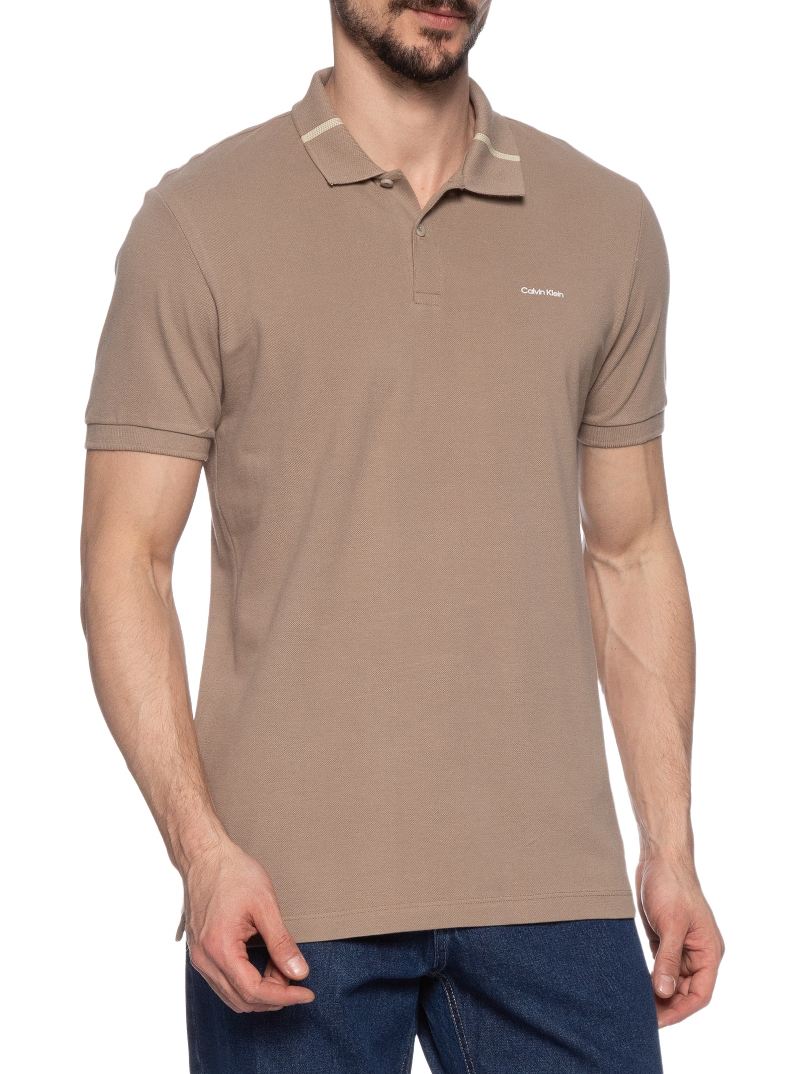 Polo Masculina Ck Slim Gola Com Friso Bege Calvin Klein - White Label