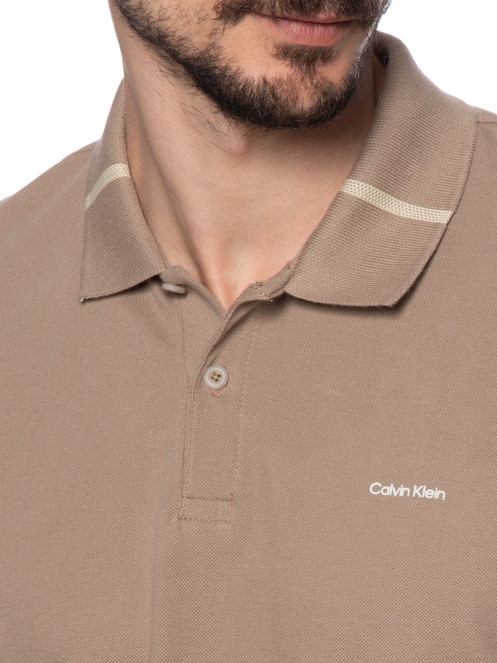 Polo Masculina Ck Slim Gola Com Friso Bege Calvin Klein - White Label