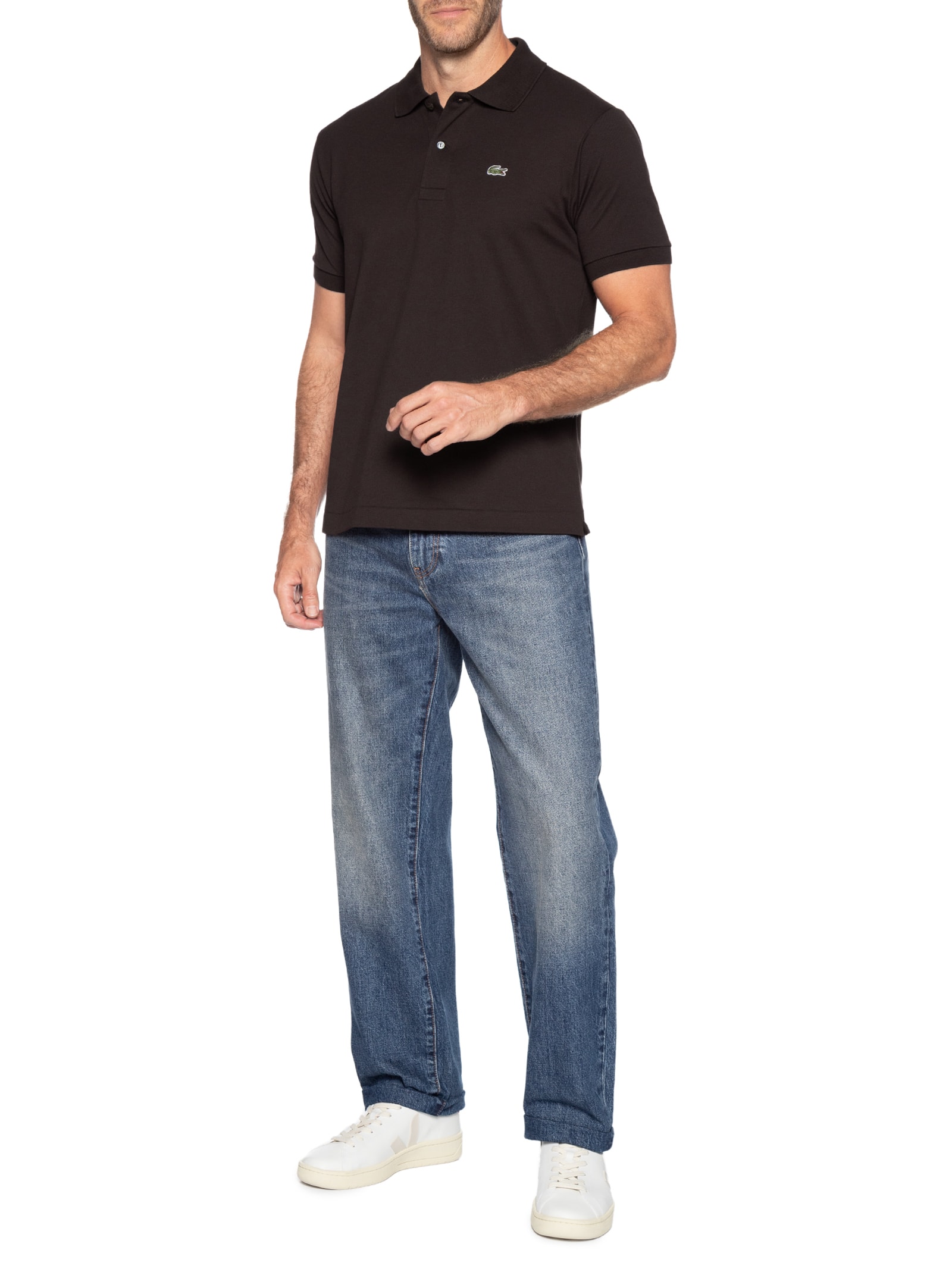 Polo Masculina Classic Fit Em Piquet De Algodão Marrom Lacoste