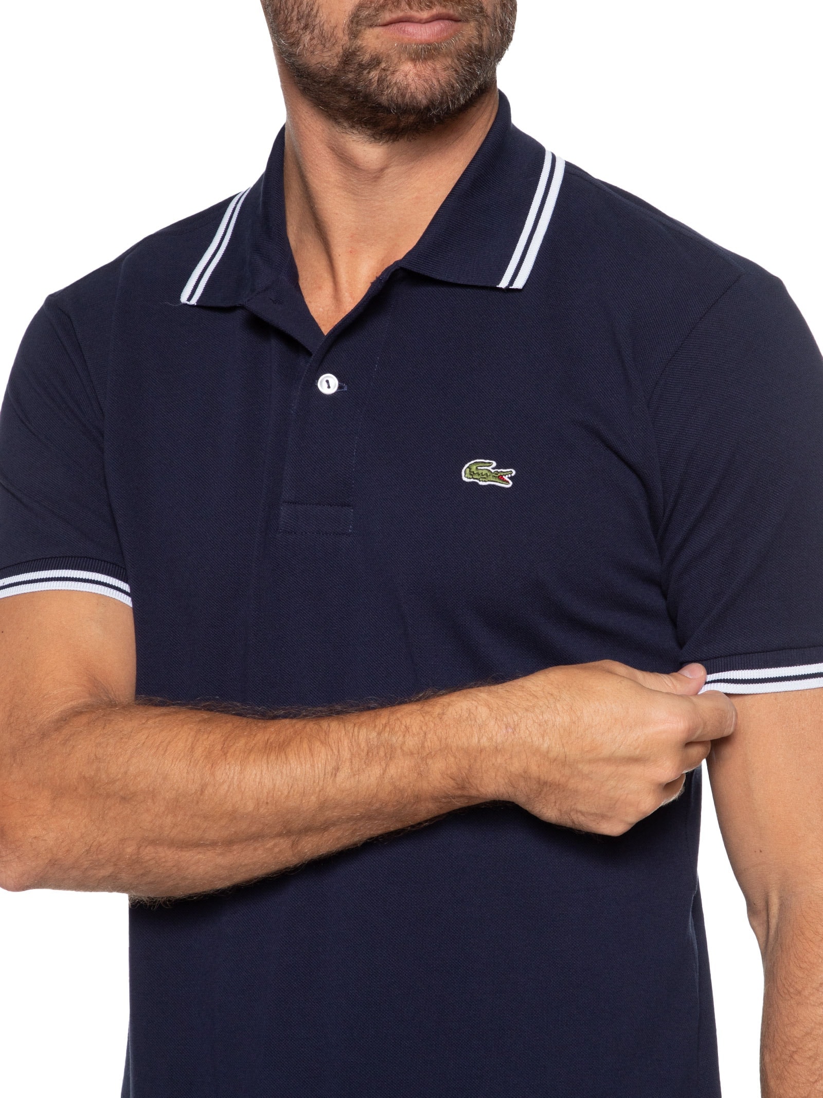 Polo Masculina Classic Fit Gola E Manga Listradas Em Piquet De
