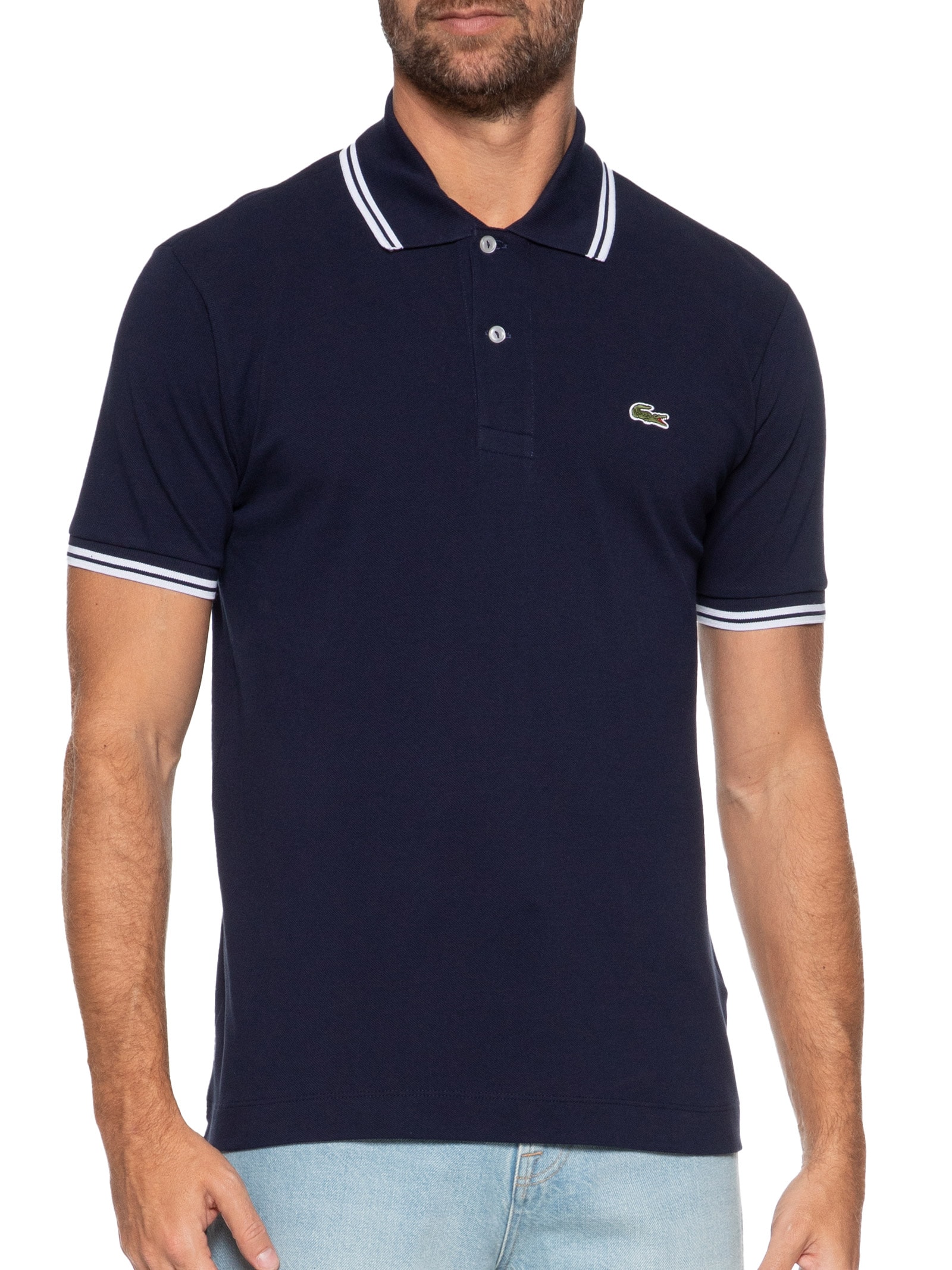 Polo Masculina Classic Fit Gola E Manga Listradas Em Piquet De Algodão Azul  Lacoste