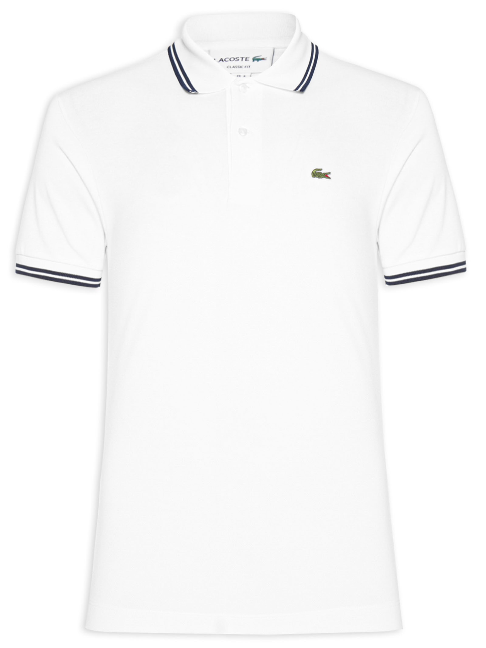 Polo Masculina Classic Fit Gola E Manga Listradas Em Piquet De Algodão Branco Lacoste