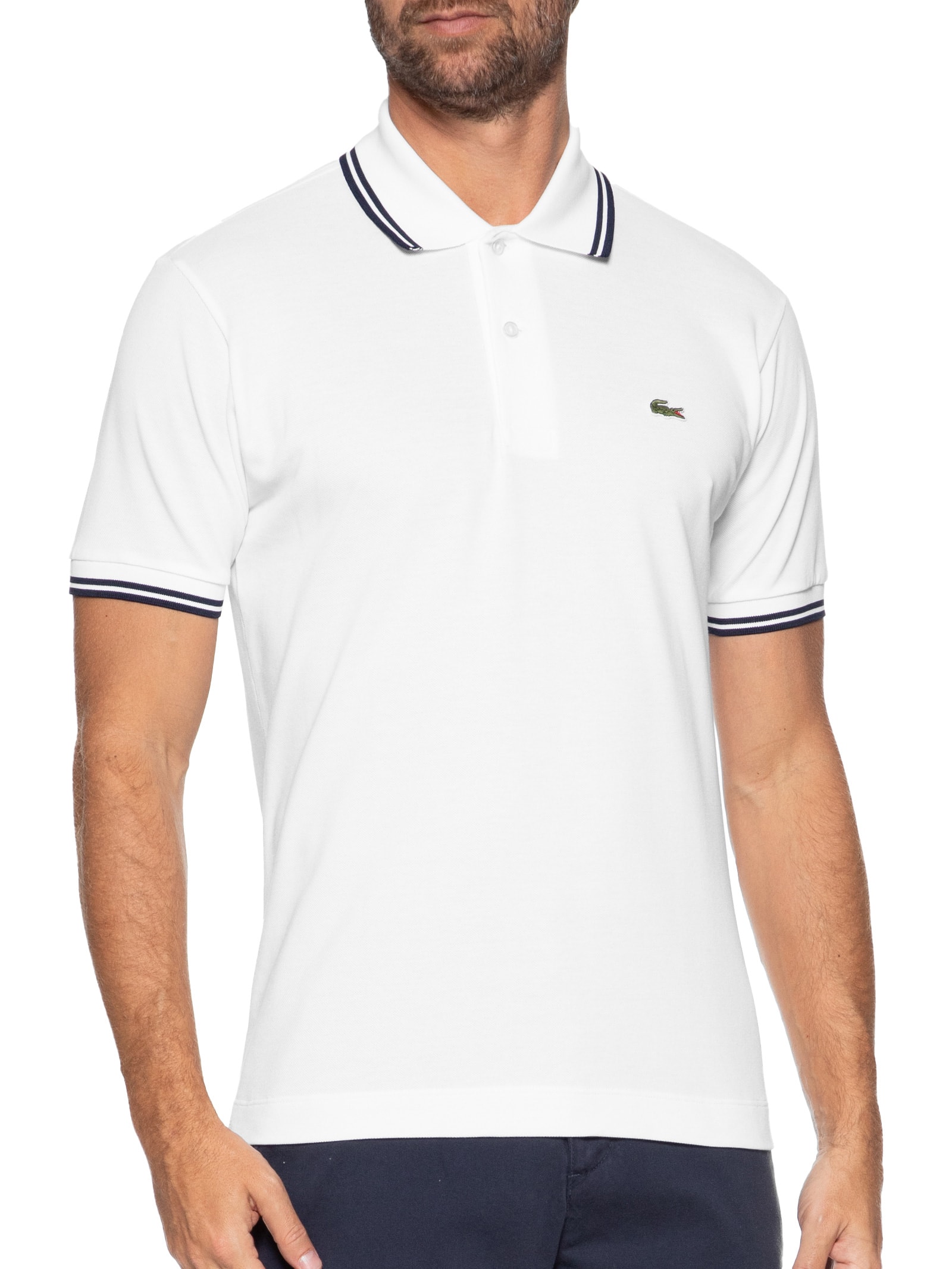 Polo Masculina Classic Fit Gola E Manga Listradas Em Piquet De Algodão Branco Lacoste