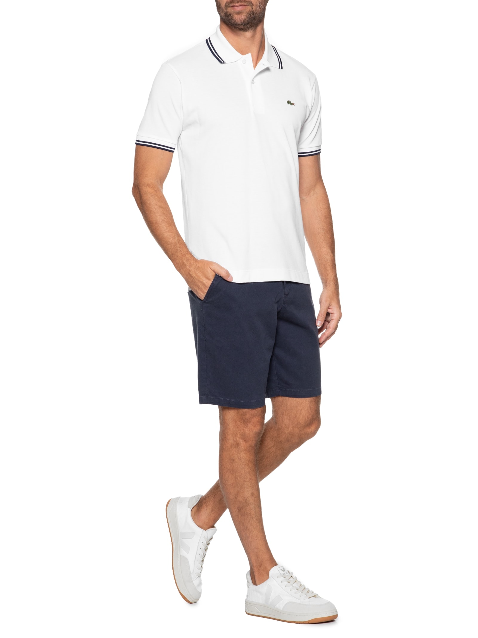 Polo Masculina Classic Fit Gola E Manga Listradas Em Piquet De Algodão Branco Lacoste