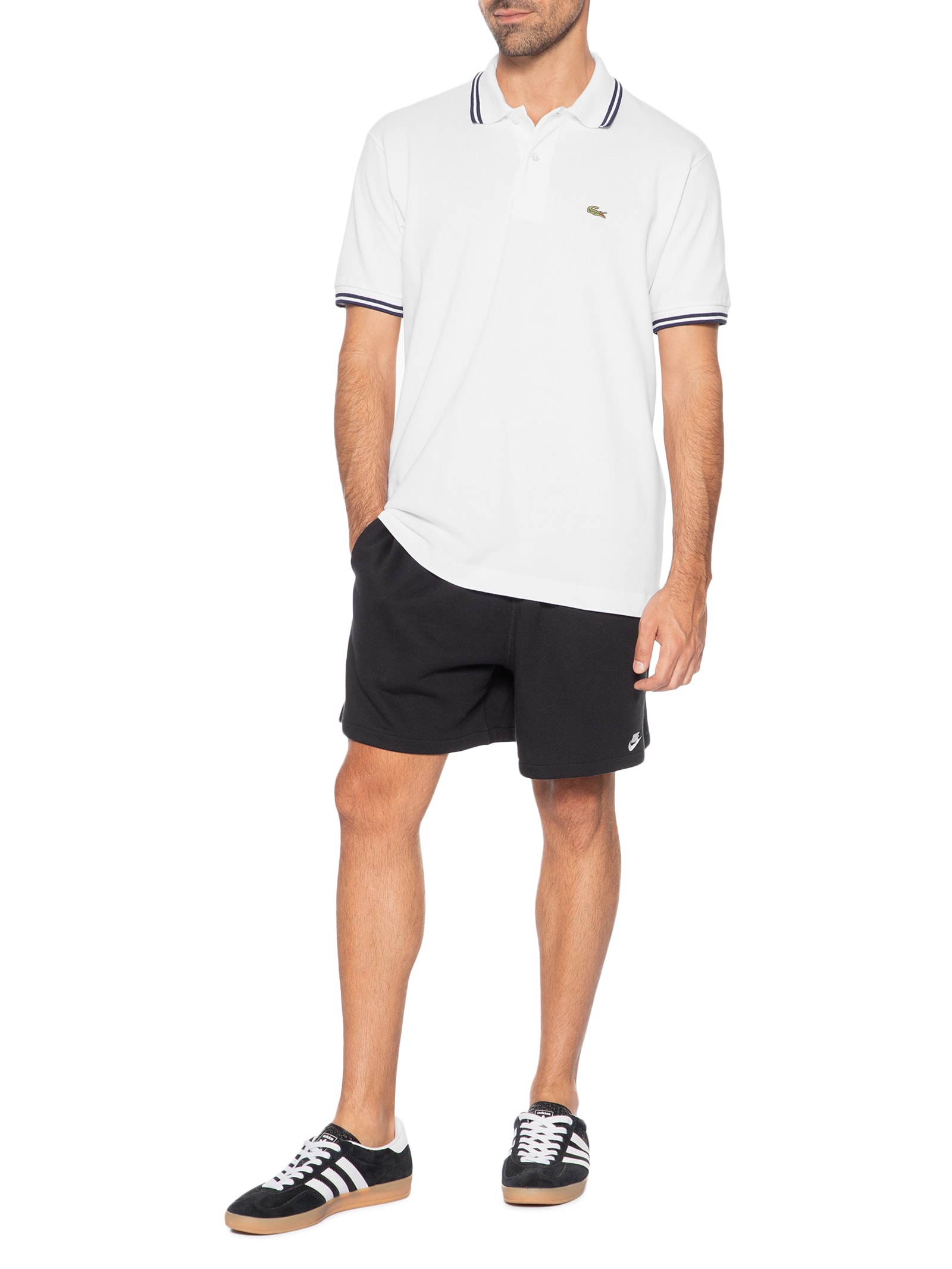 Polo Masculina Classic Fit Gola E Manga Listradas Em Piquet De Algodão Branco Lacoste