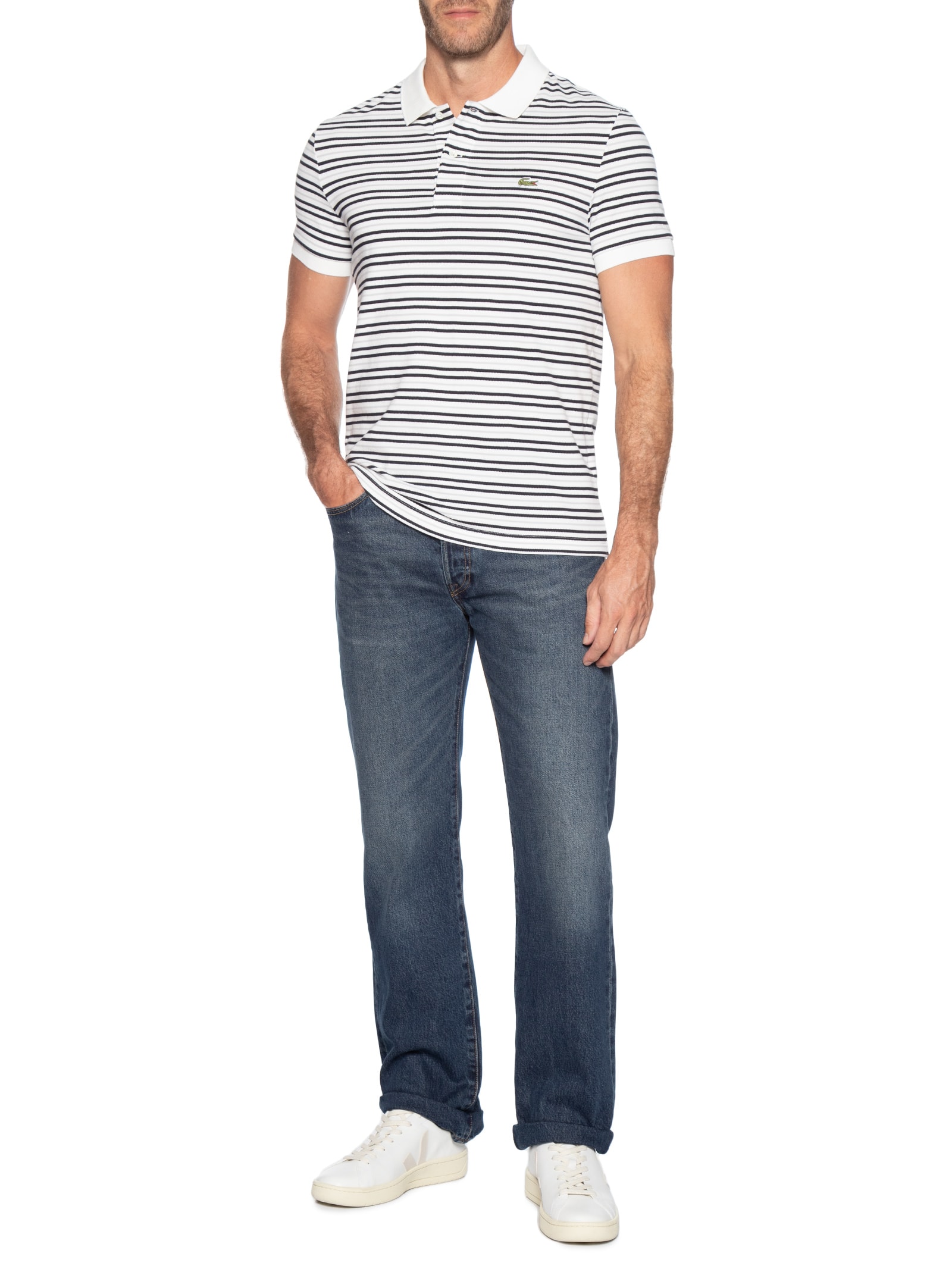 Polo Masculina Classic Fit Listrada Preto Lacoste