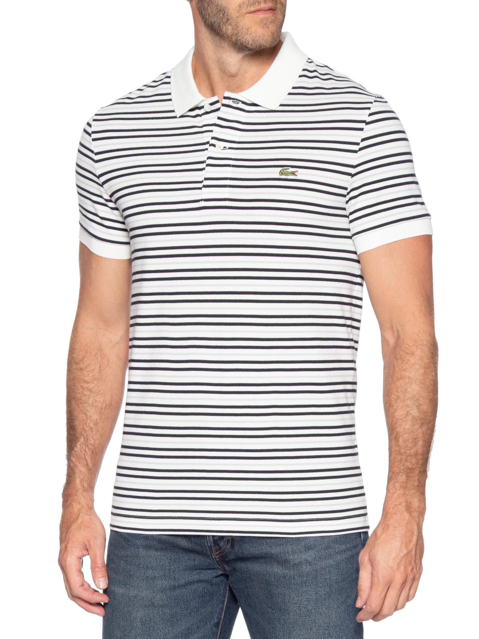 Polo Masculina Classic Fit Listrada Preto Lacoste