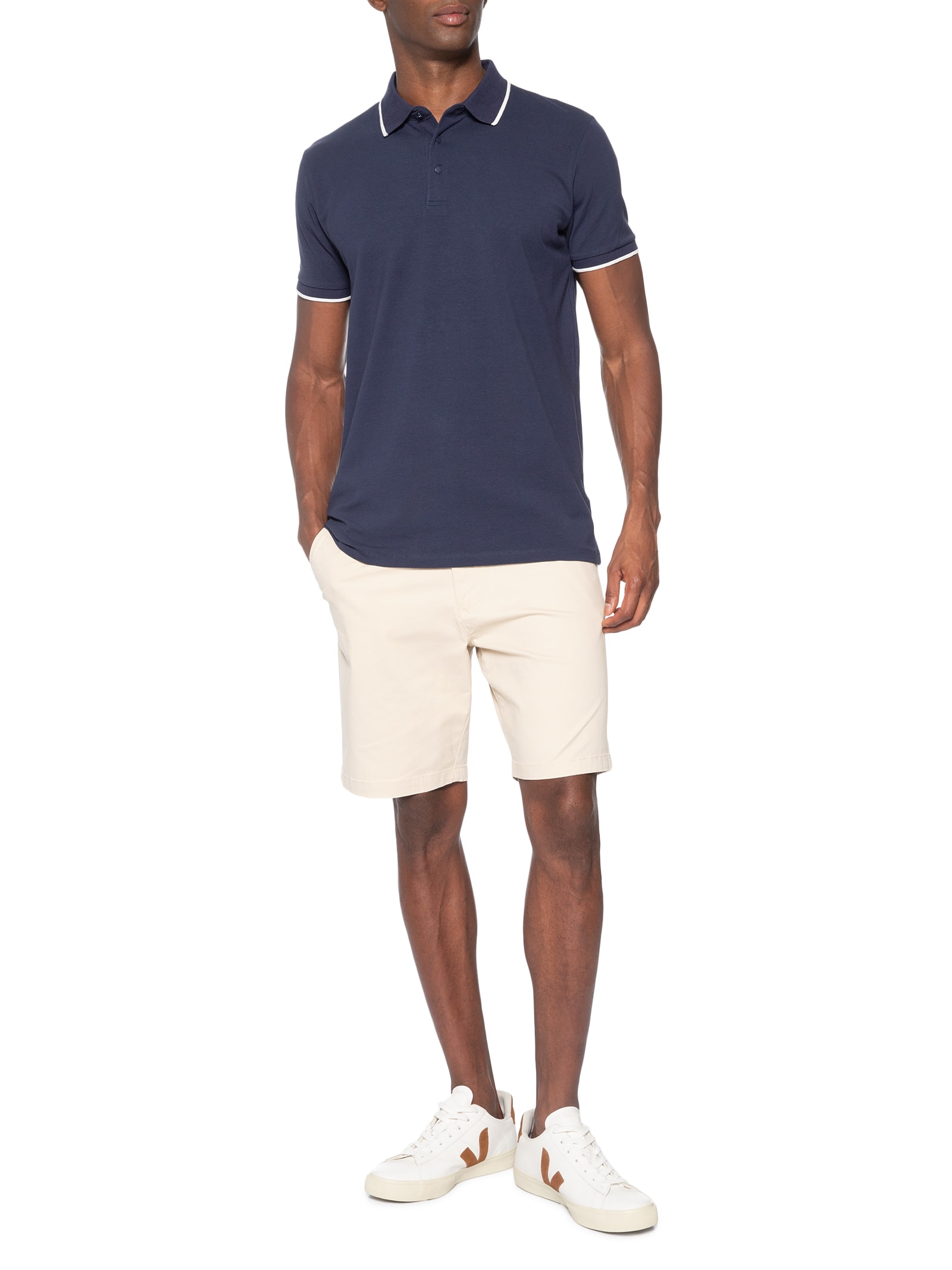 Polo Masculina Com Detalhe Em Friso Azul Basiq Men
