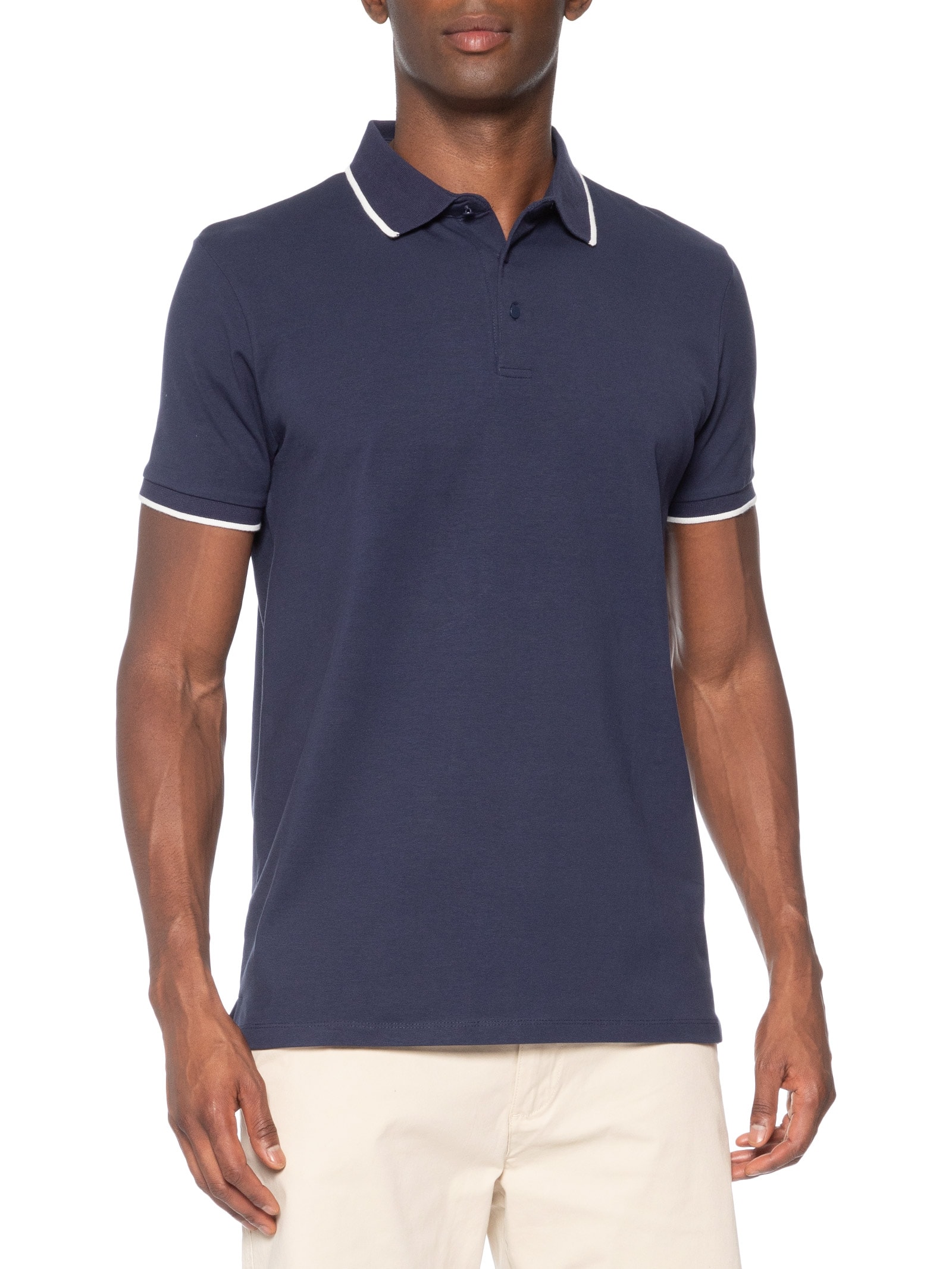 Polo Masculina Com Detalhe Em Friso Azul Basiq Men