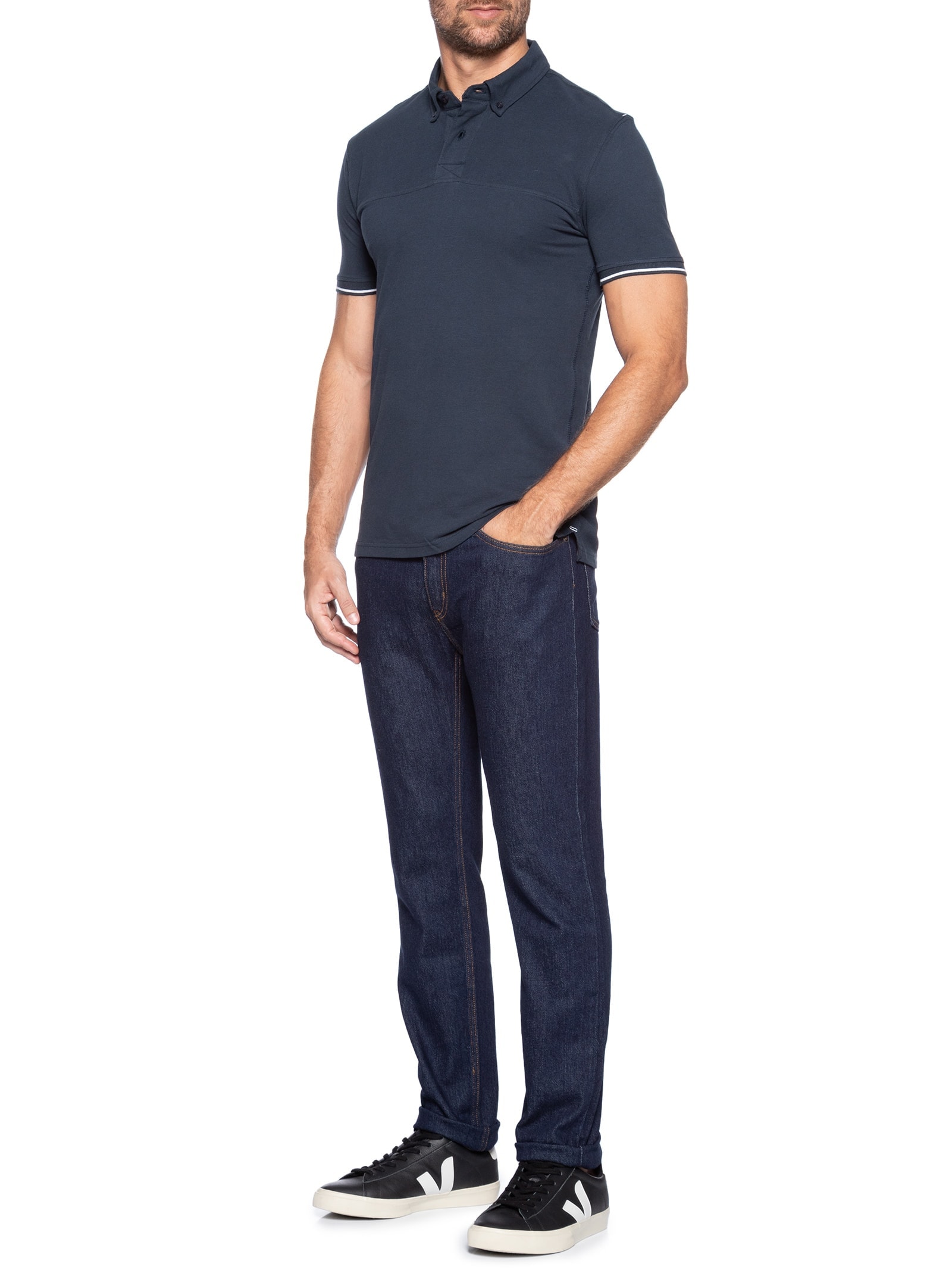 Polo Masculina com Detalhe na Manga Azul '2 Essential