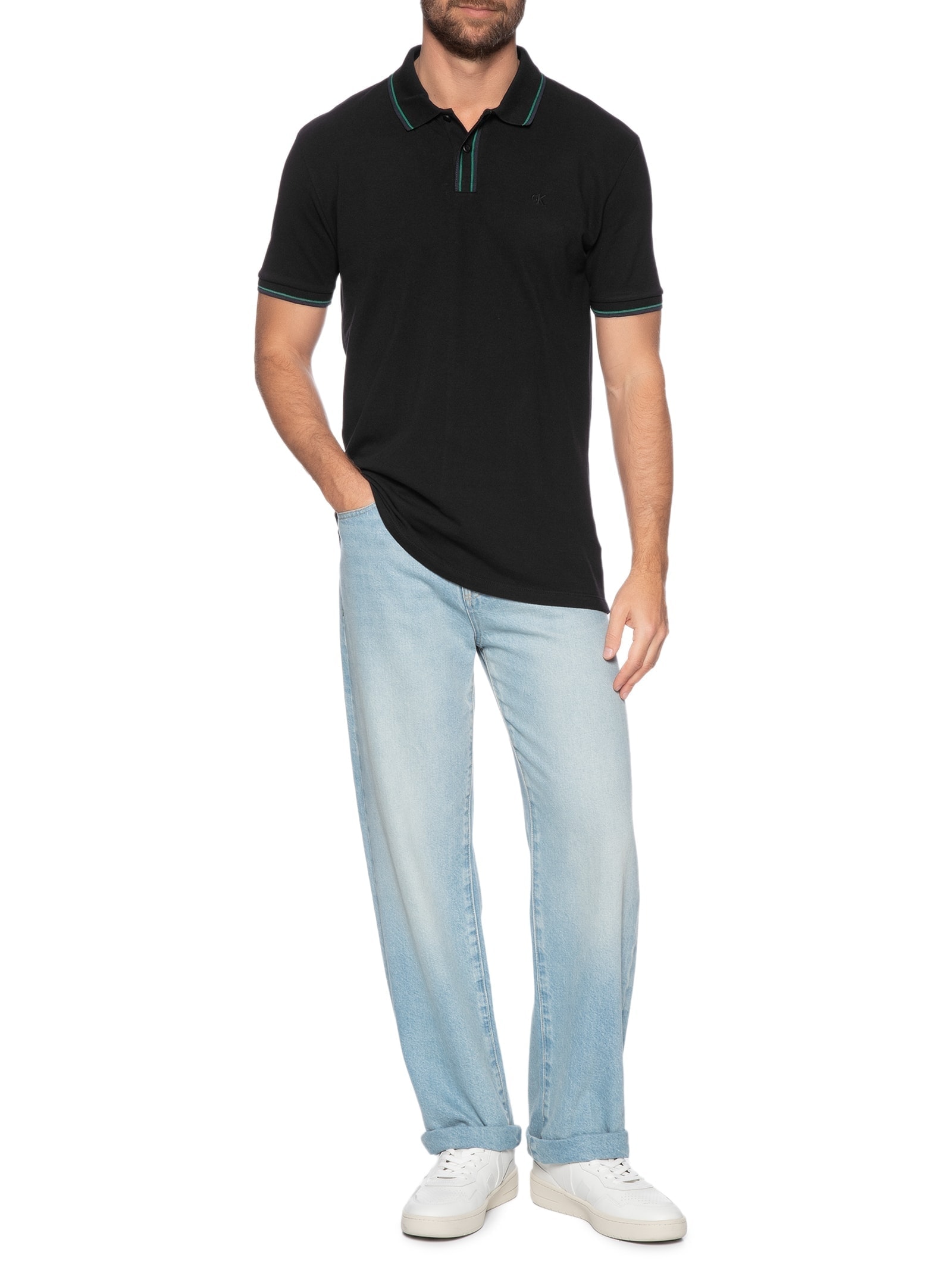 Polo Masculina Com Listras Peitilho Preto Calvin Klein Jeans