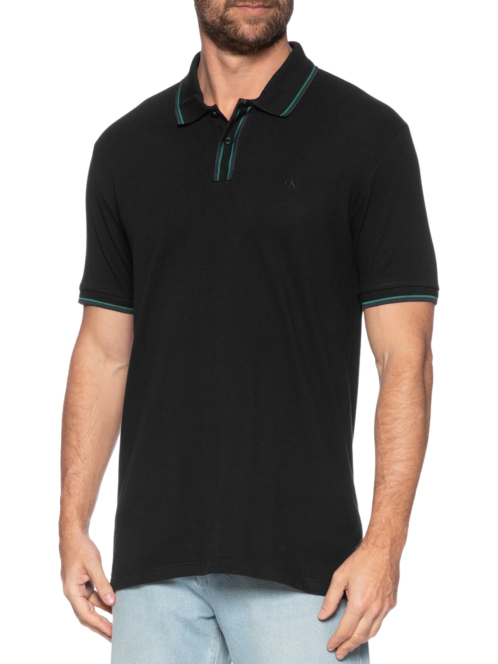 Polo Masculina Com Listras Peitilho Preto Calvin Klein Jeans