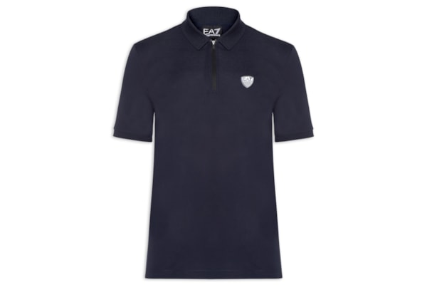 Pólo Masculina Com Zíper Logo Escudo - Azul