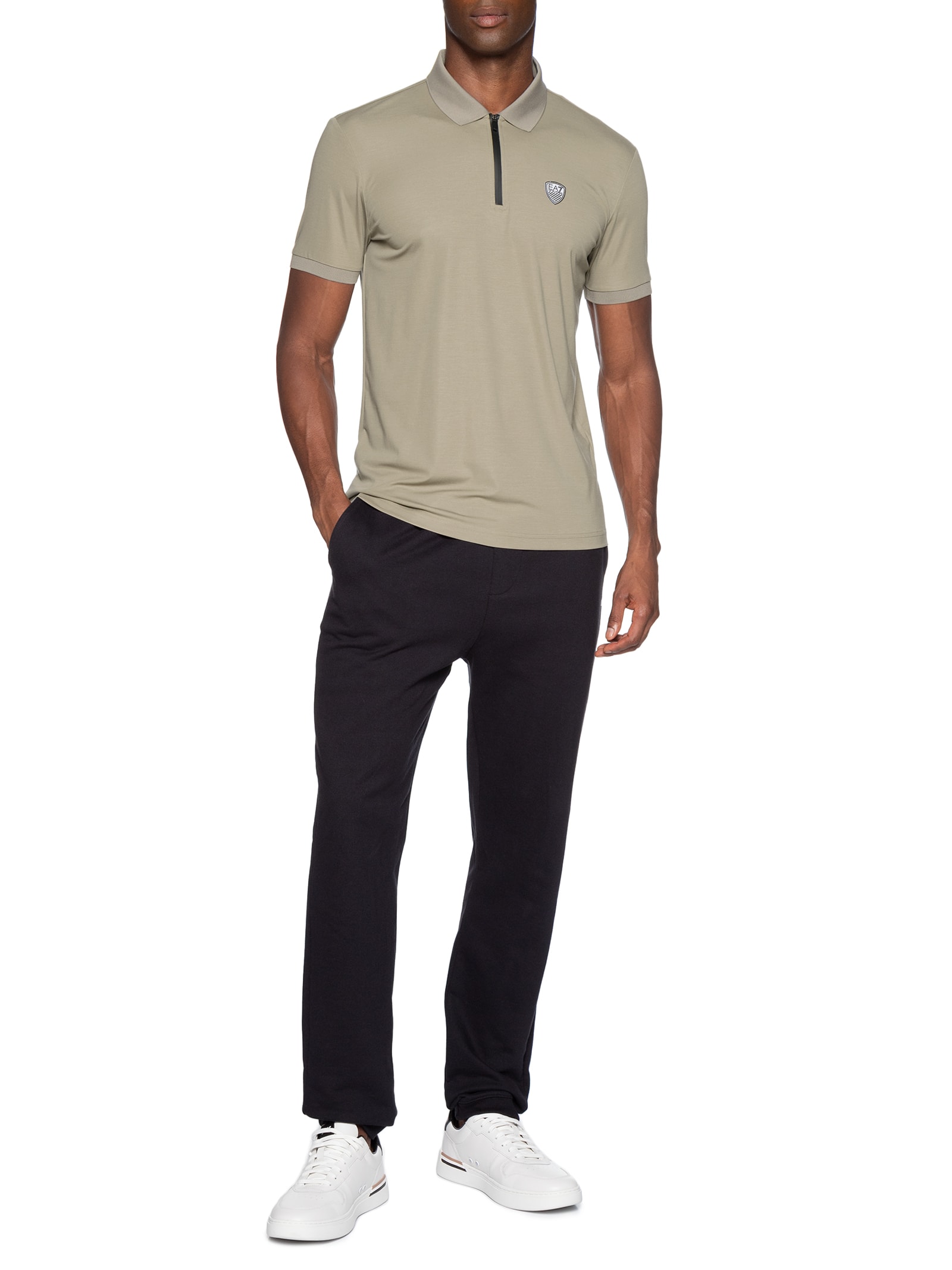 Polo Masculina com Zíper Logo Escudo Bege Ea7 Emporio Armani