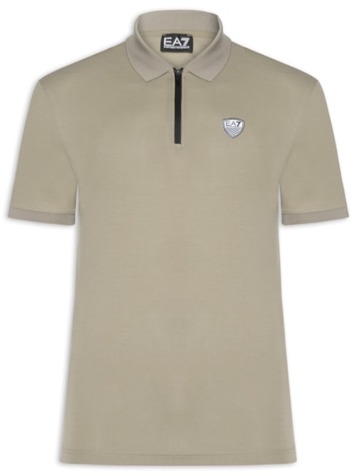 Polo Masculina com Zíper Logo Escudo – Bege