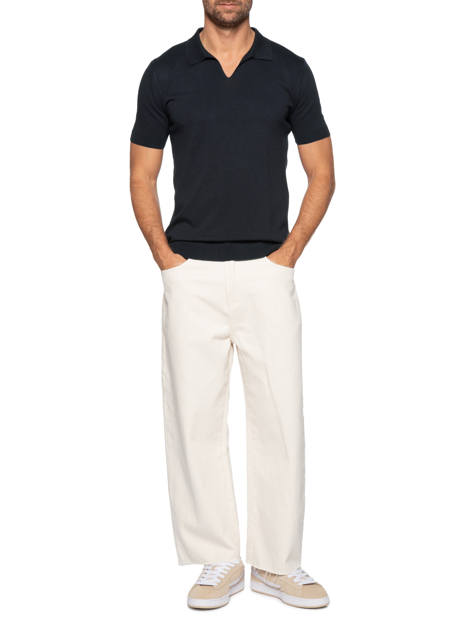 Polo Masculina De Tricot Gola V Azul Basiq Men