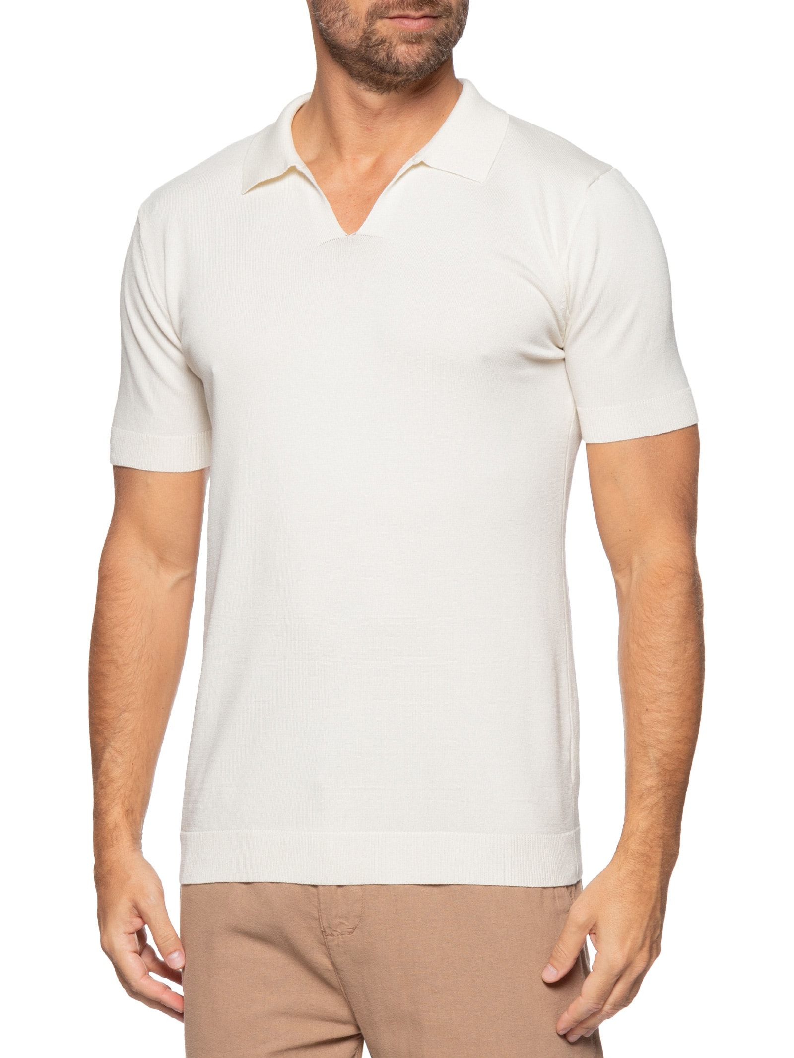 Polo Masculina De Tricot Gola V Off White Basiq Men