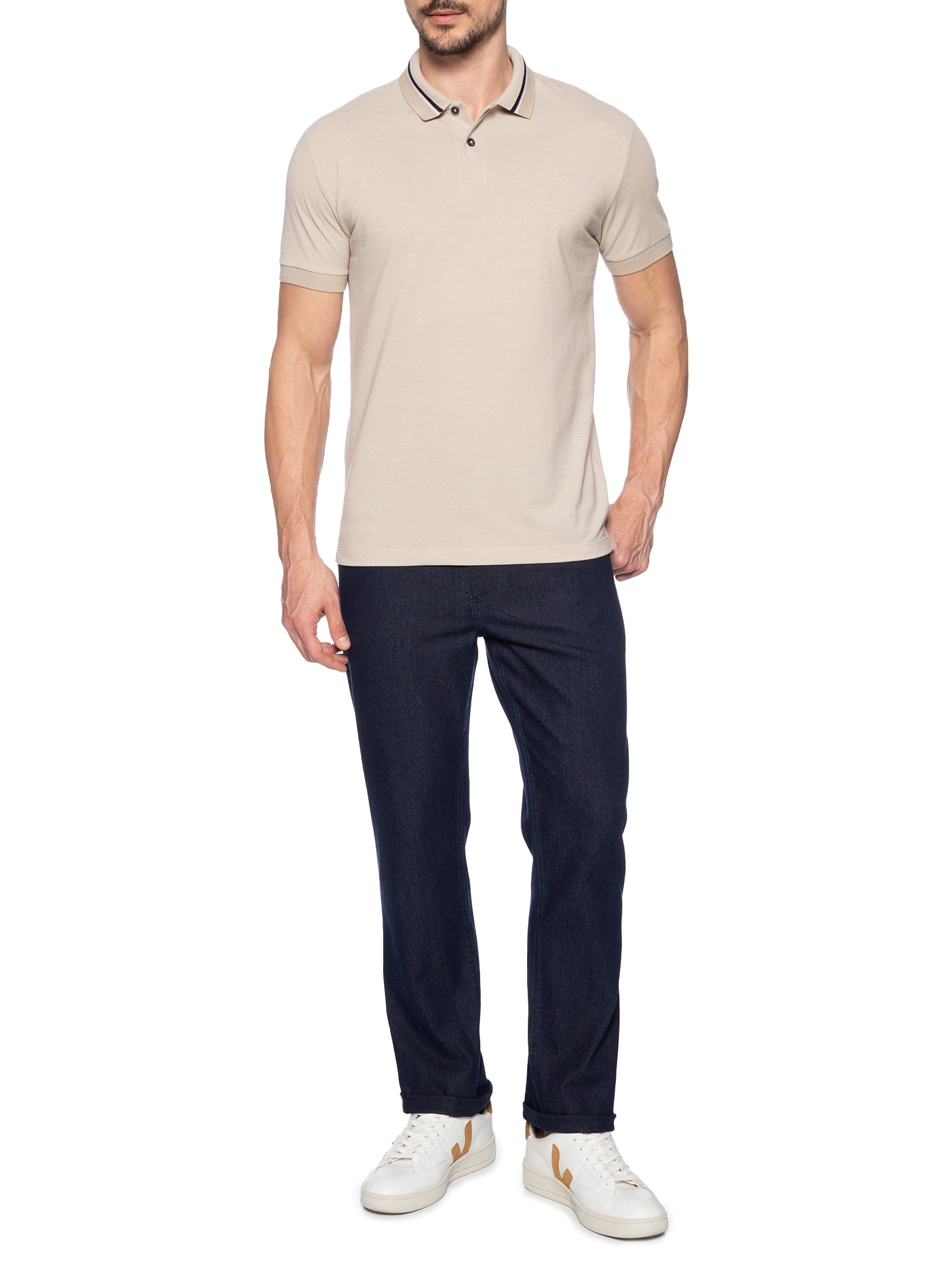 Polo Masculina Em Piquet Com Frisos Bege Aramis