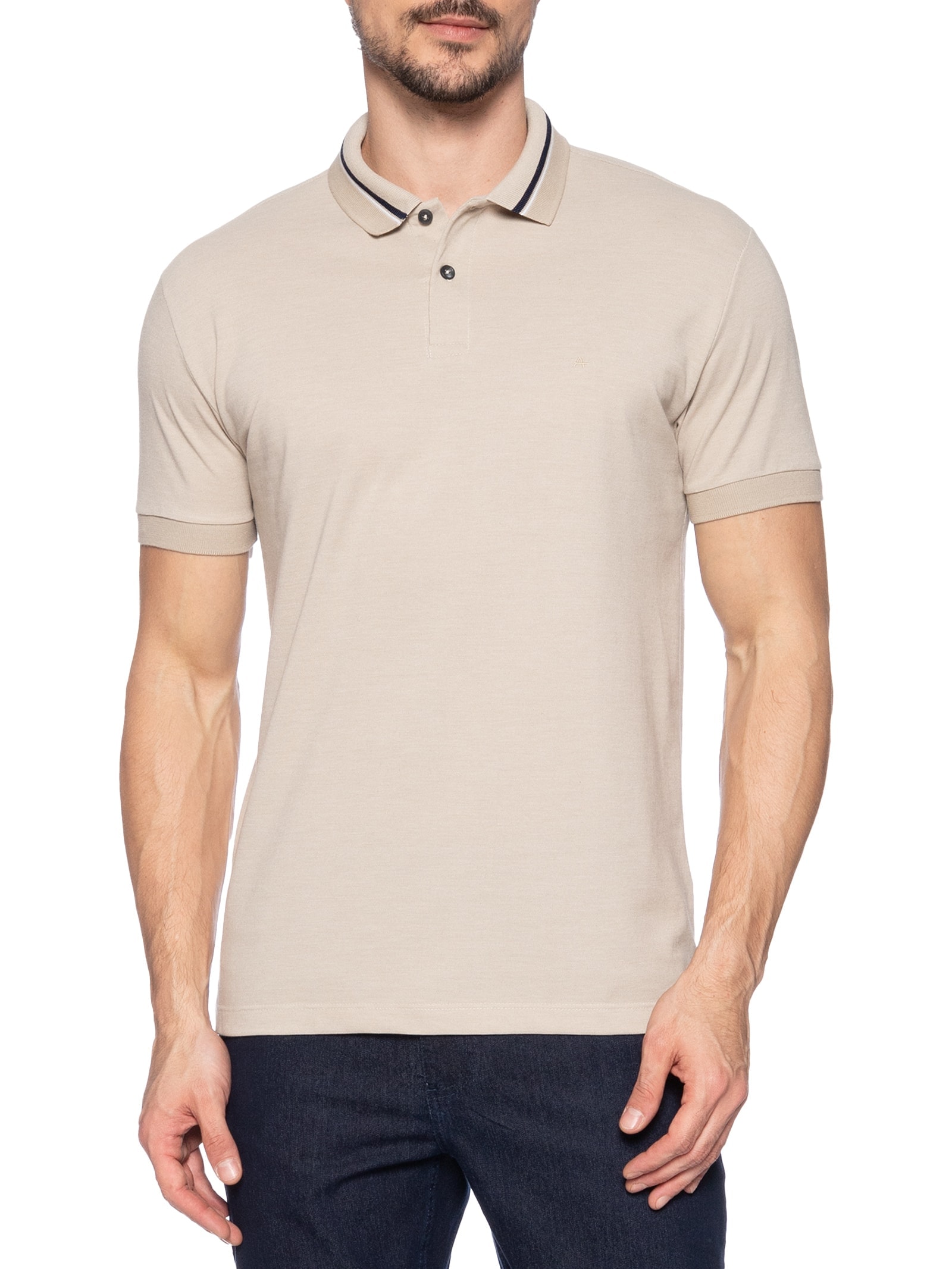 Polo Masculina Em Piquet Com Frisos Bege Aramis