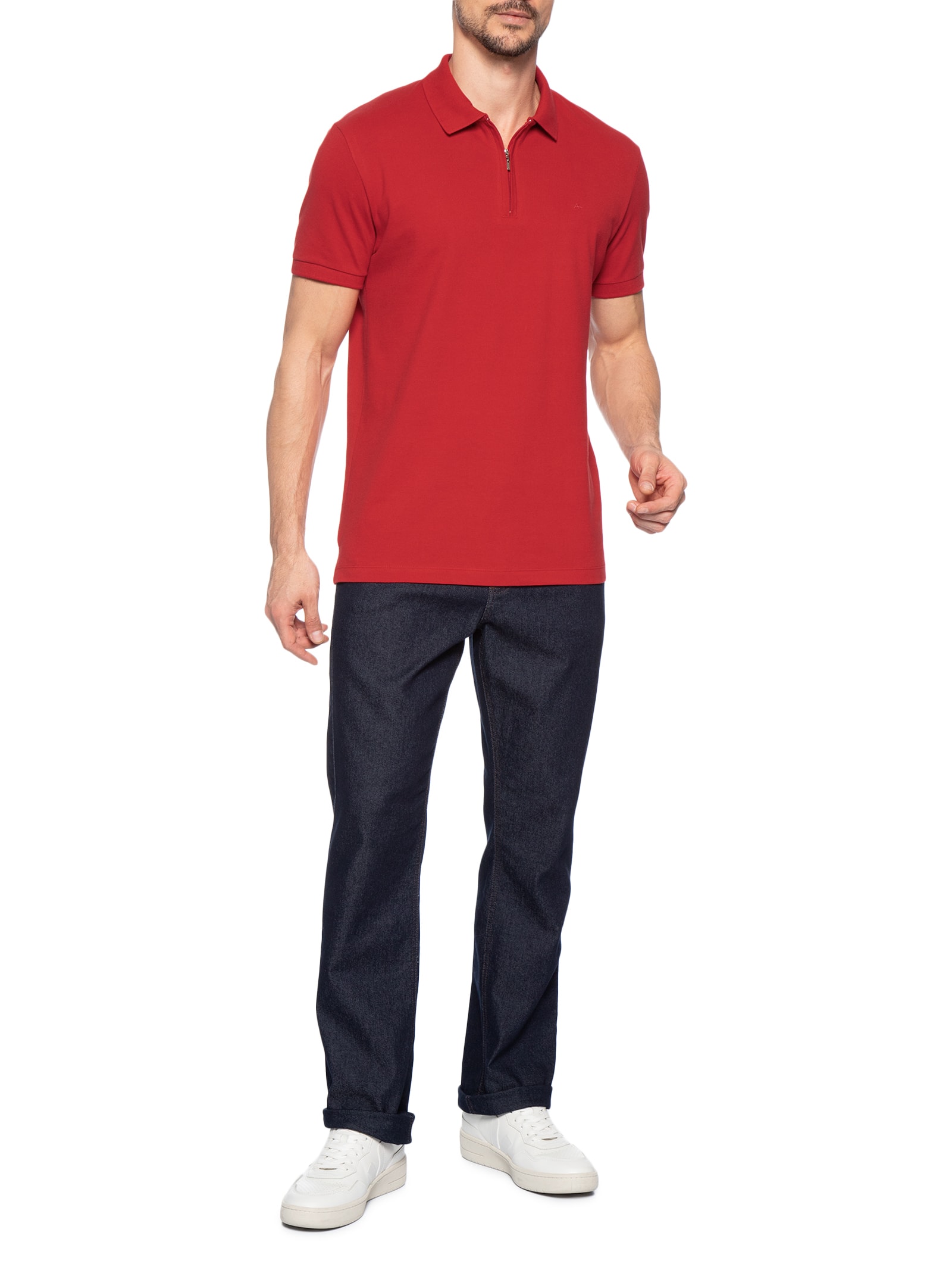 Polo Masculina Em Piquet Com Zíper Vermelho Aramis