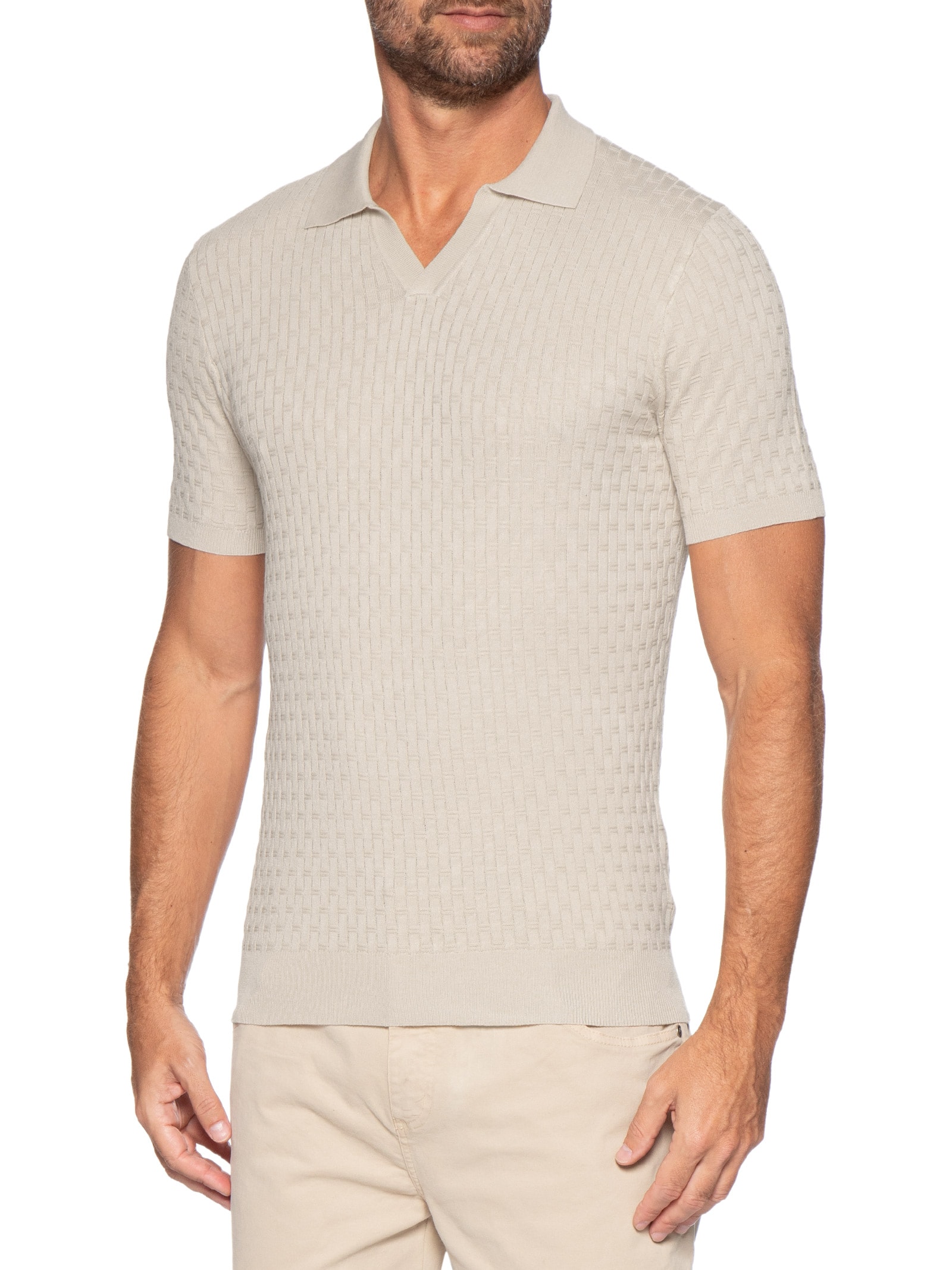 Polo Masculina Em Tricot Com Gola Colômbia  Bege Basiq Men